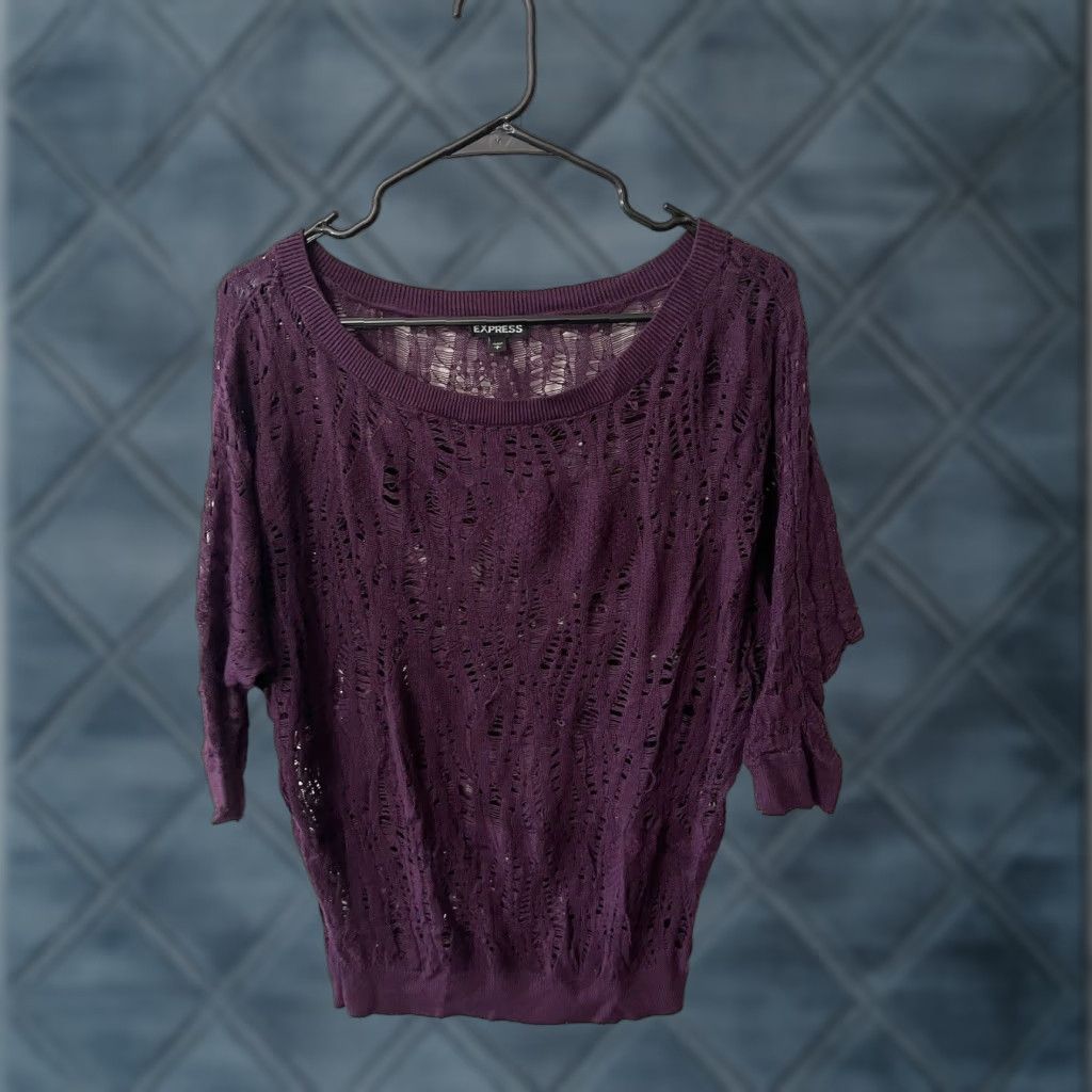 Express VINTAGE Express Women's Sweater Tunic Crocheted Short Sleeve Lightweight Fall Spring Summer Winter Relaxed Size S Purple Clothing Size S / US 4 / IT 40 - 1 Thumbnail