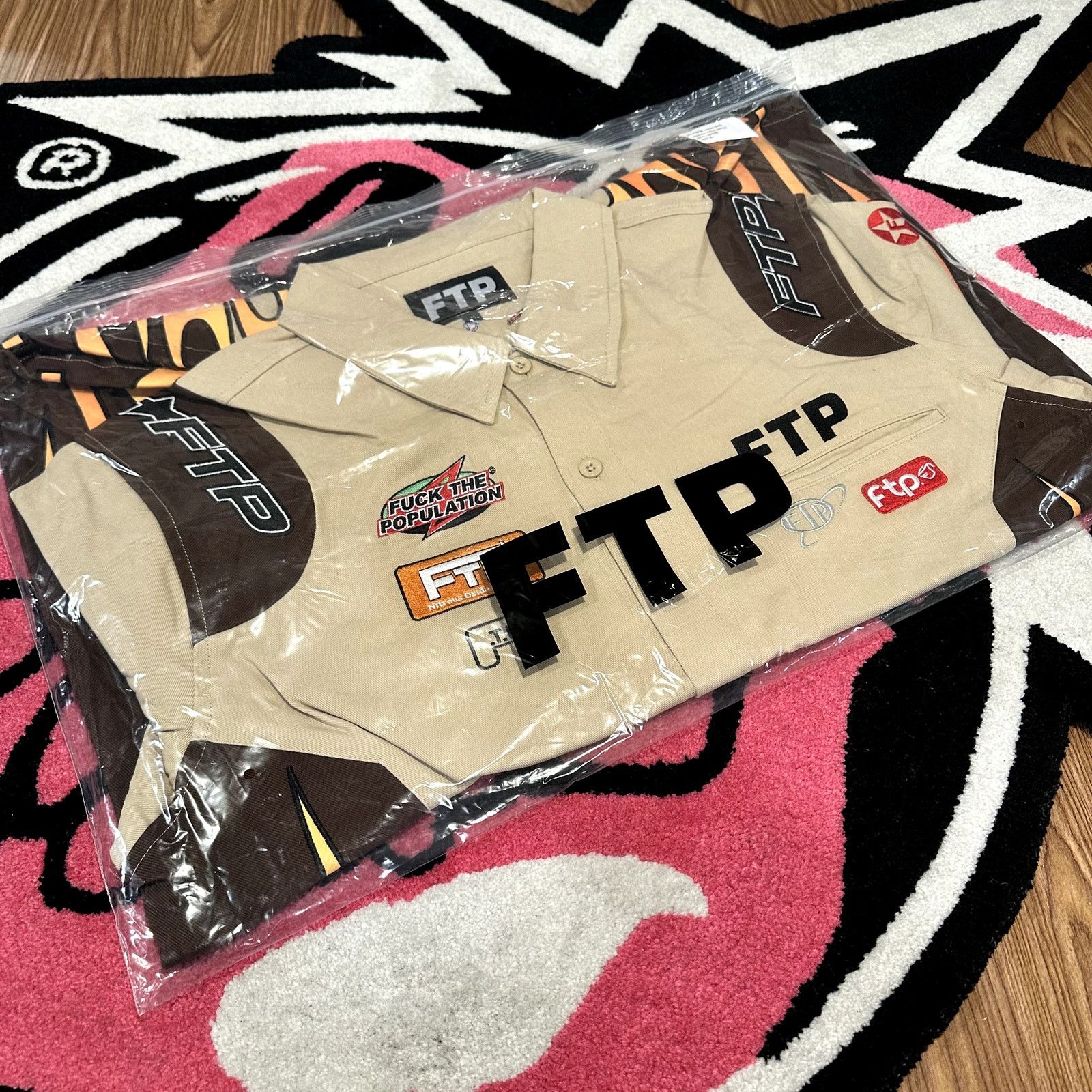 Fuck The Population FTP Raceway Button Up Shirt (Tan) – Size XL – As Pictured Size US XL / EU 56 / 4 - 1 Thumbnail