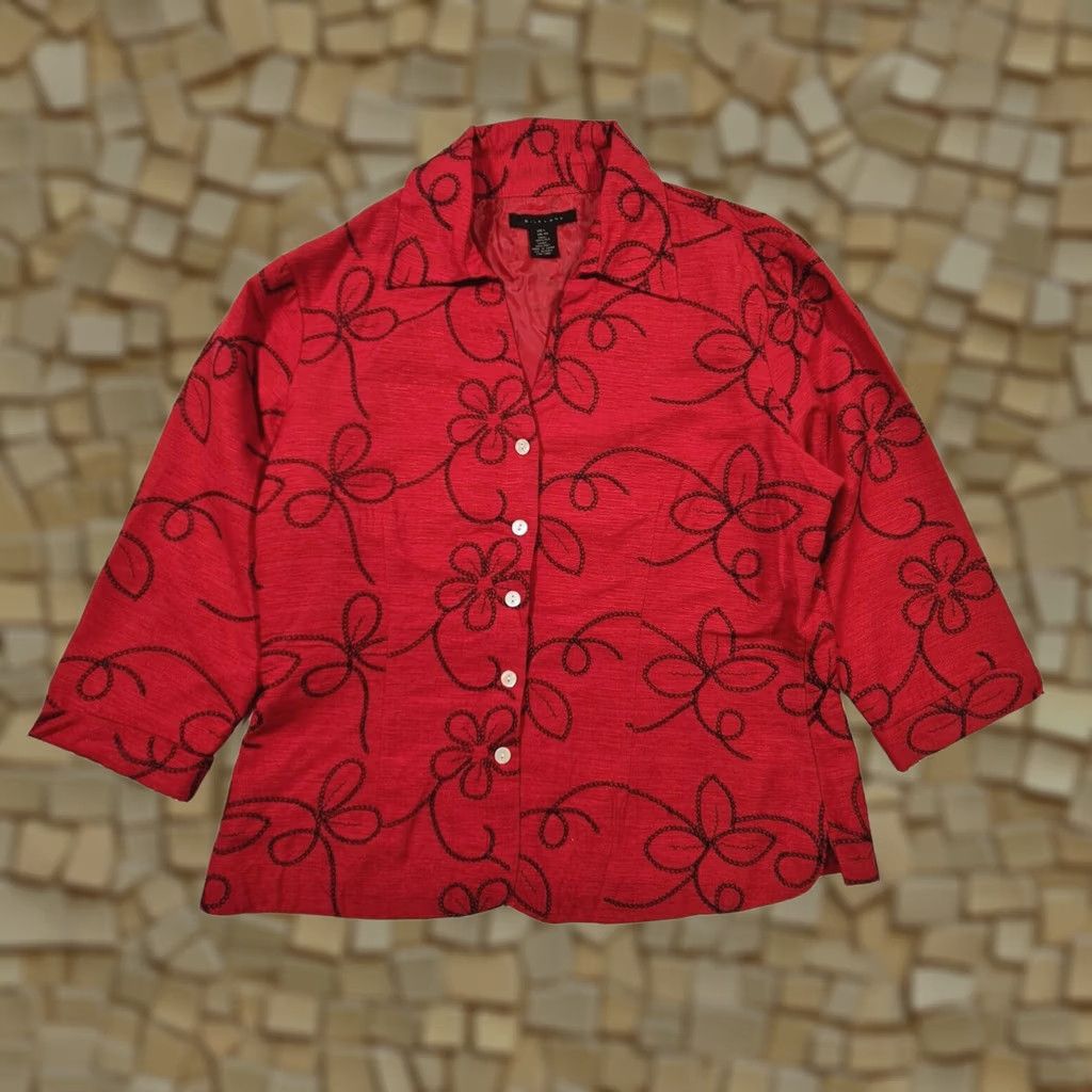 Vintage Silkland Womens Red Silk Floral Pattern Button Up Shirt XL Long Sleeves Size XL / US 12-14 / IT 48-50 - 1 Thumbnail