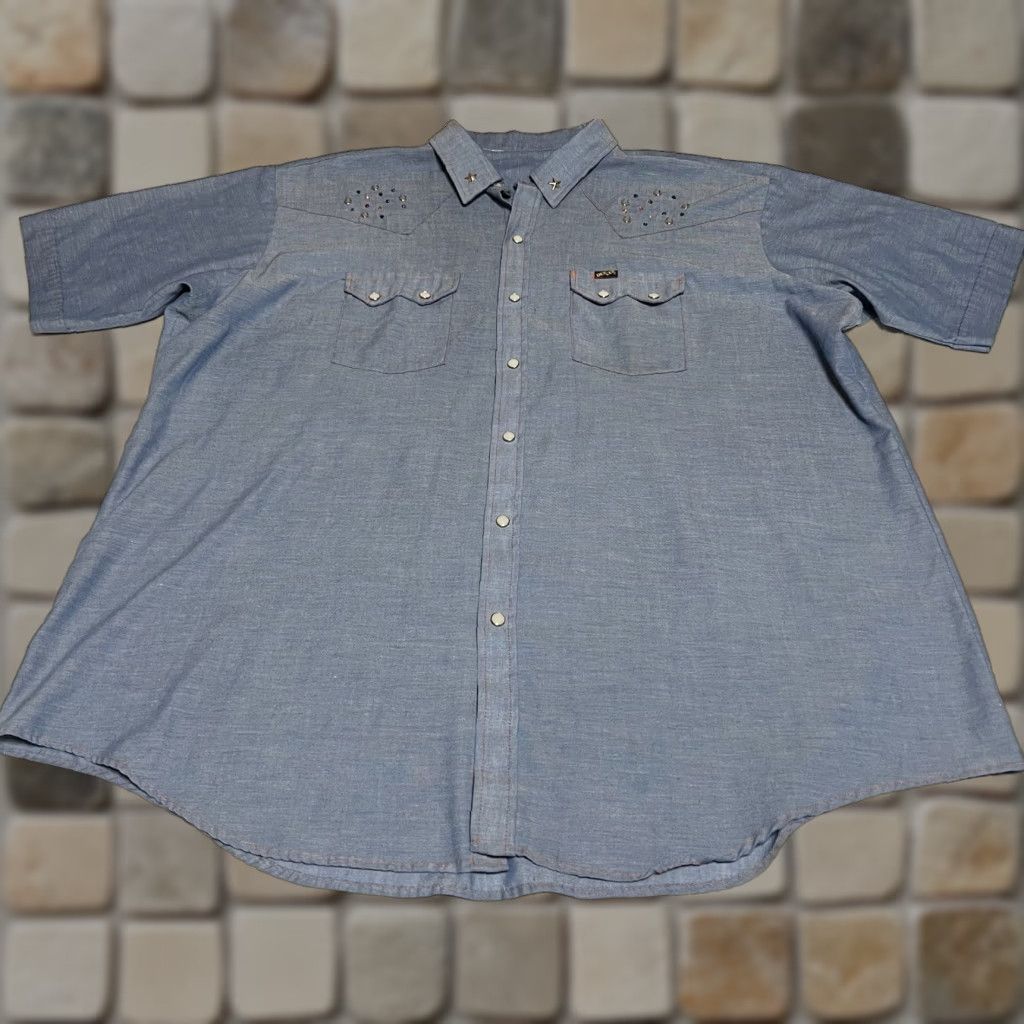 J Brand VINTAGE DEE CEE BRAND Western Shirt Cowboy Pearl Snap Blue Chambray 3XL Mens Shrt Sleeves Short Collared Snap Buttons Size US XXL / EU 58 / 5 - 1 Thumbnail