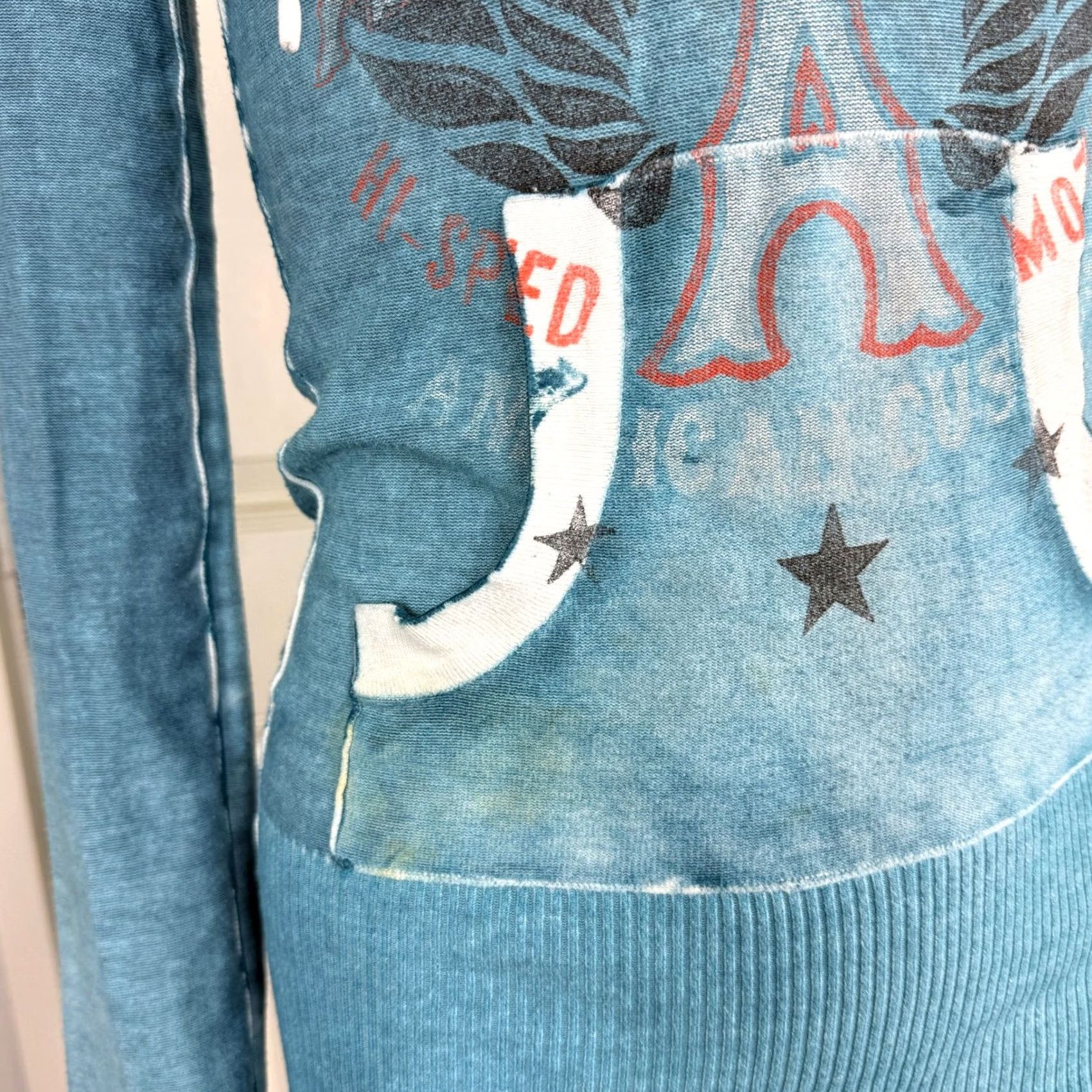Affliction VINTAGE Affliction Womens Top S Cotton Knit Reversible Hoodie Hooded Bell Sleeve Y2K Blue White Logo Casual Size S / US 4 / IT 40 - 4 Thumbnail