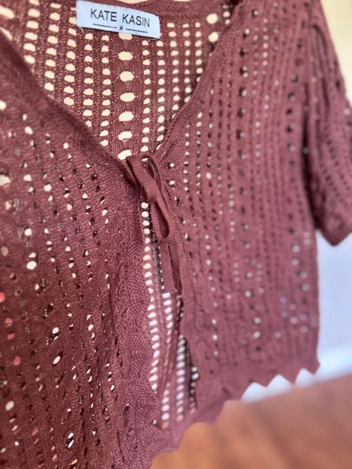 Other Kate Kasin Brown Crochet Knit Tie-Front Cardigan, Size M Size M / US 6-8 / IT 42-44 - 2 Thumbnail