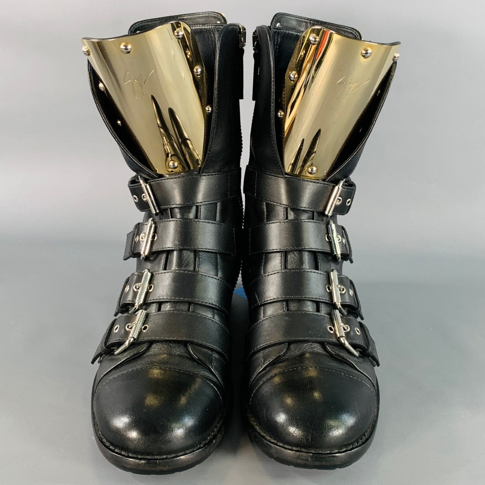 Giuseppe Zanotti 7 Black Gold Leather Metal Buckles Lace-Up Zipper Boots Size US 7 / EU 40 - 4 Thumbnail