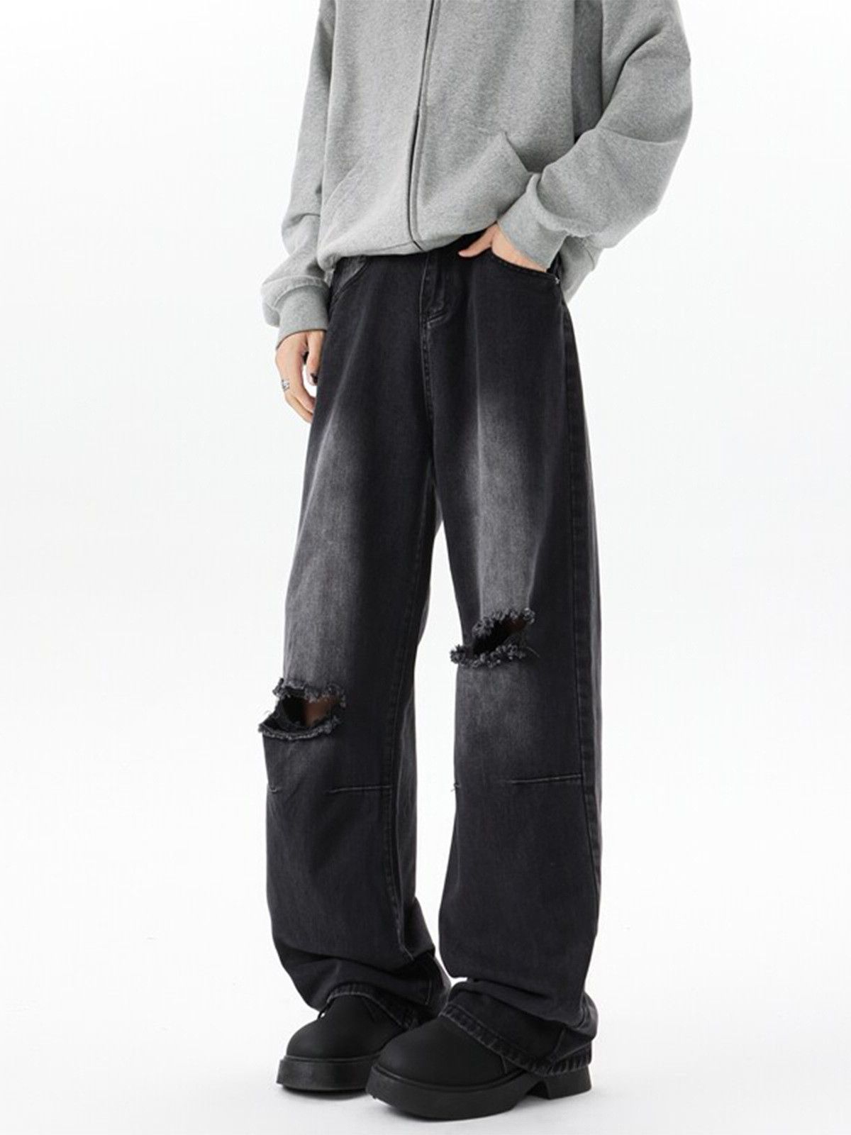 Japanese Brand Street men's retro washed distressed straight ripped jeans Size US 32 / EU 48 - 1 Thumbnail