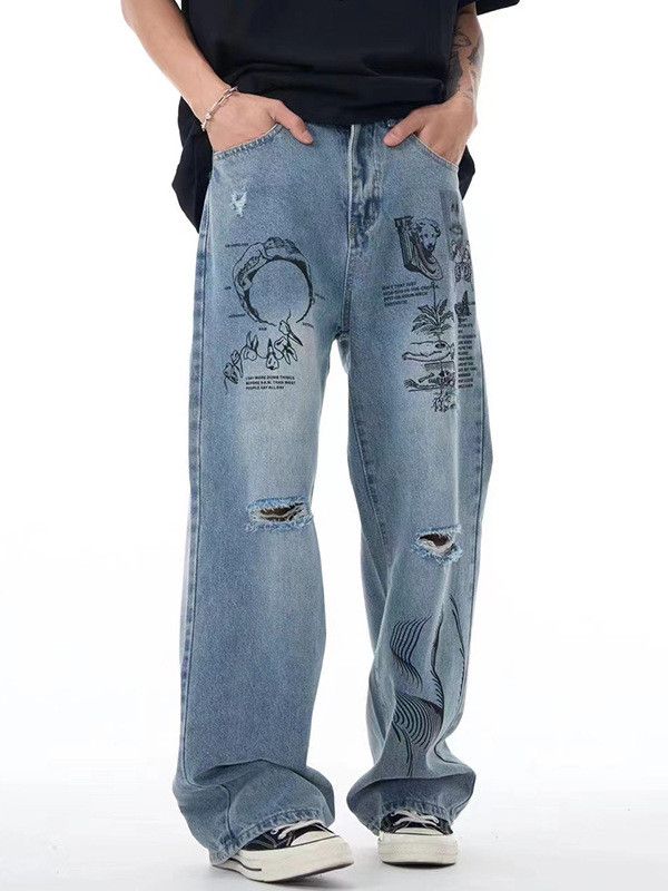 Japanese Brand Street fashion printed graffiti men's ripped jeans Size US 32 / EU 48 - 2 Thumbnail