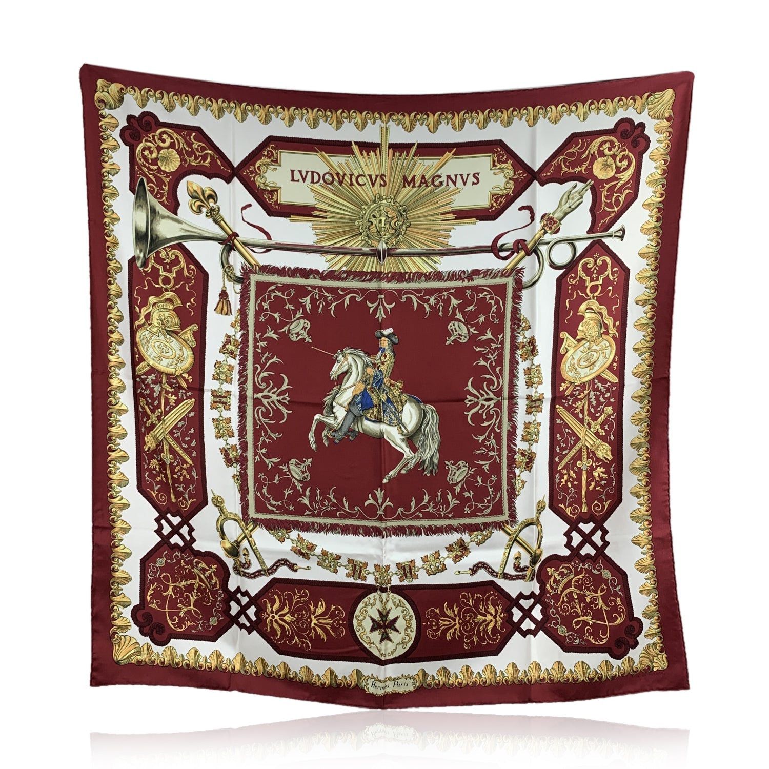 image of Hermes Vintage Burgundy Silk Scarf Ludovicus Magnus De La Perriere in Red, Women's