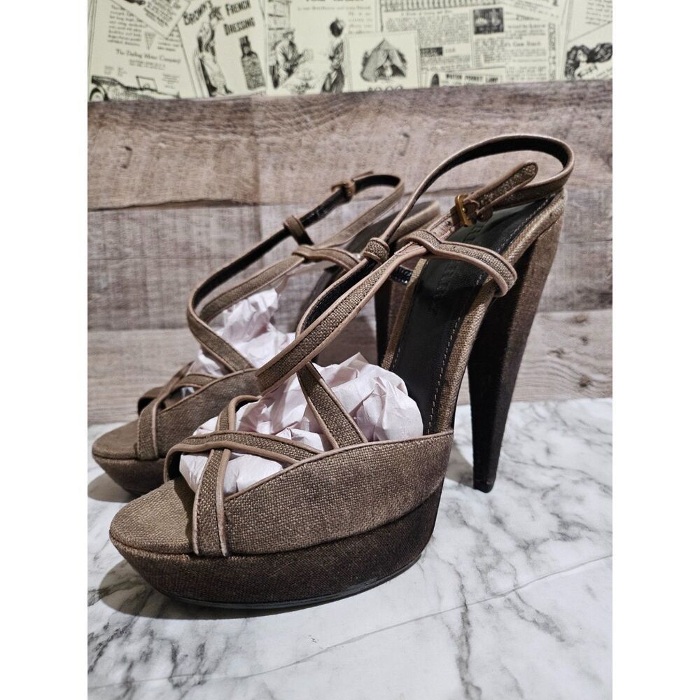 Burberry Burberry Wood Linen Leather Platform Heels 9 EU 40 Size US 10 / IT 40 - 2 Thumbnail
