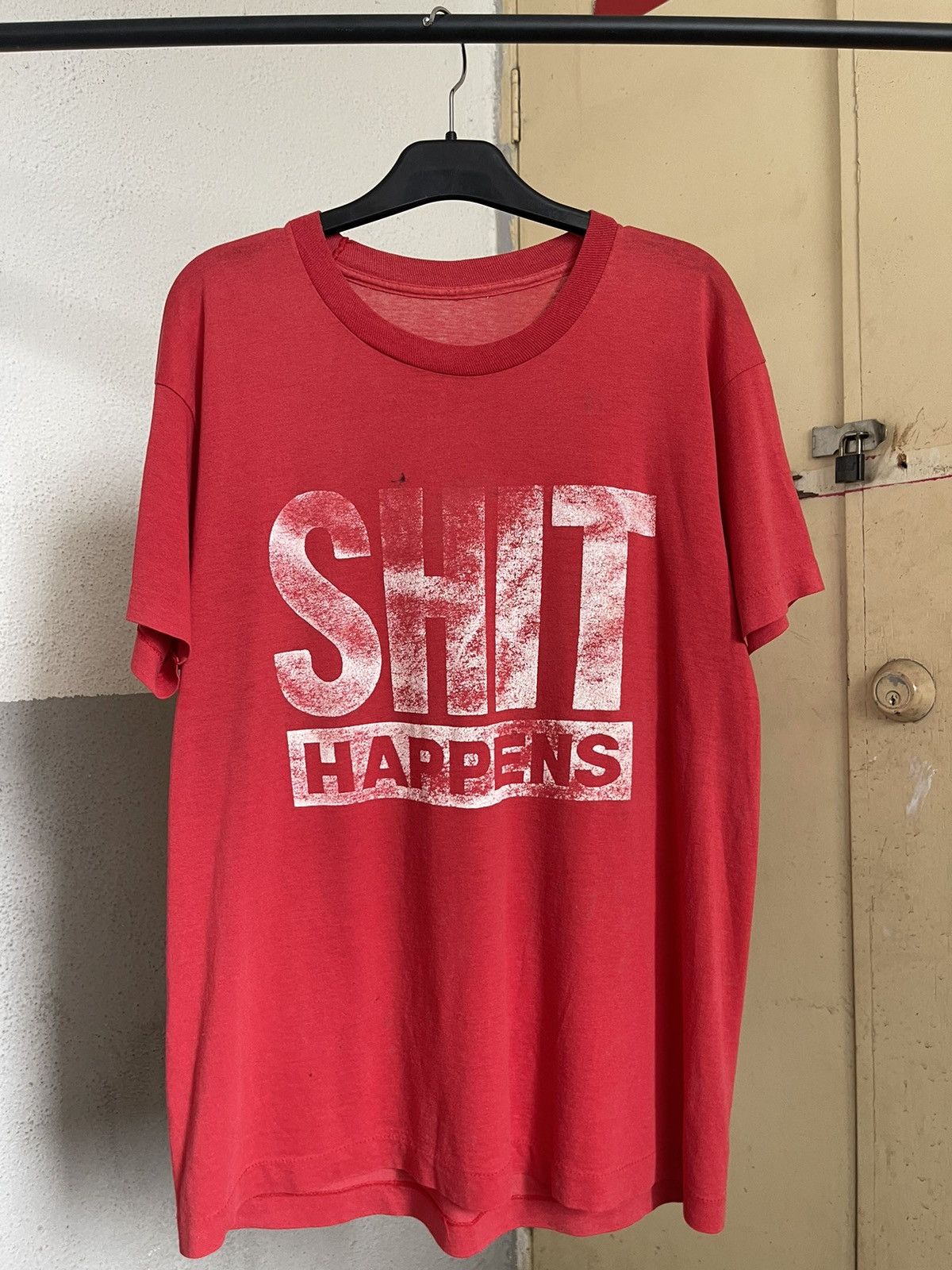 Vintage Vintage 1980s Shit Happens Faded Red Tee Size US L / EU 52-54 / 3 - 1 Thumbnail