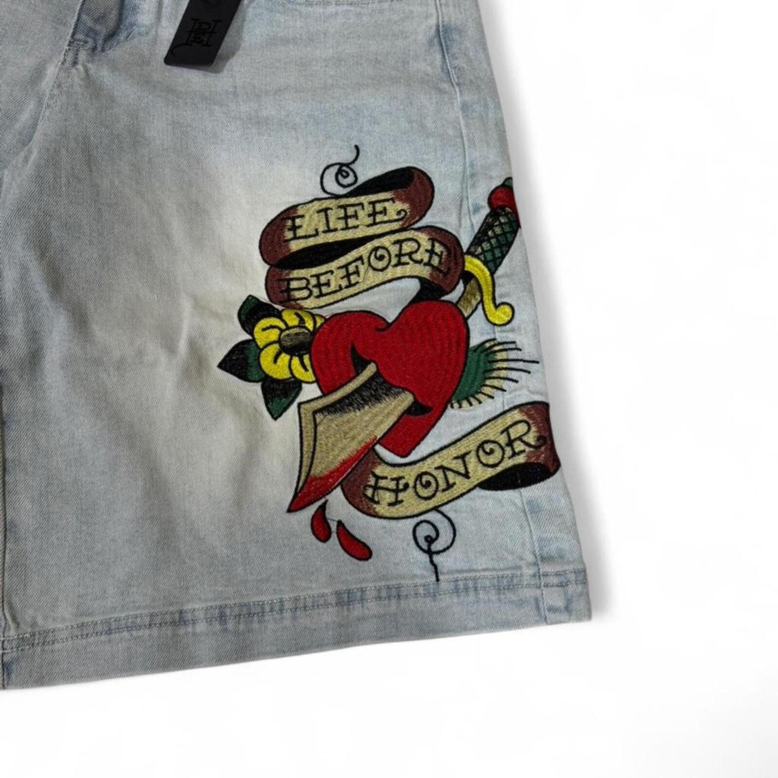 Ed Hardy Ed Hardy denim shorts with design LIFE BEFORE HONOR ❤️‍🩹 Size 31" - 3 Thumbnail