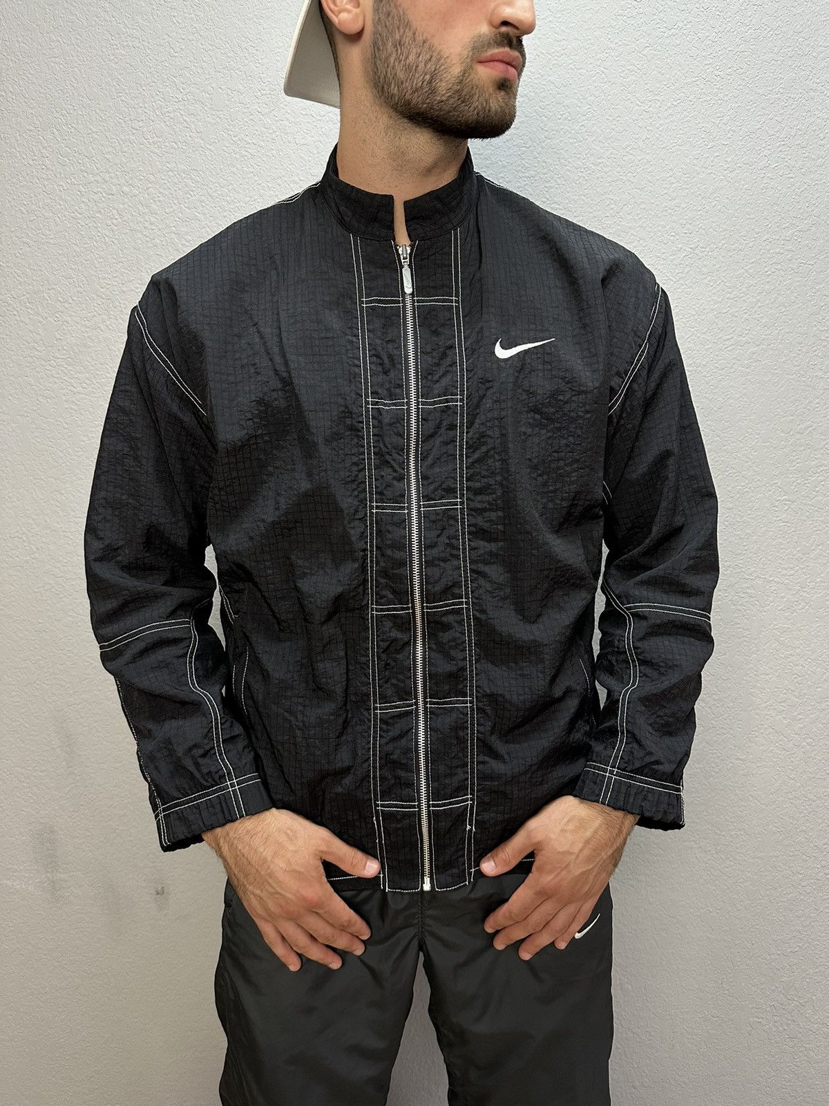 image of Nike Y2K Nylon Jacket Drill Embroidered Big Logo in Black, Men's (Size Medium)