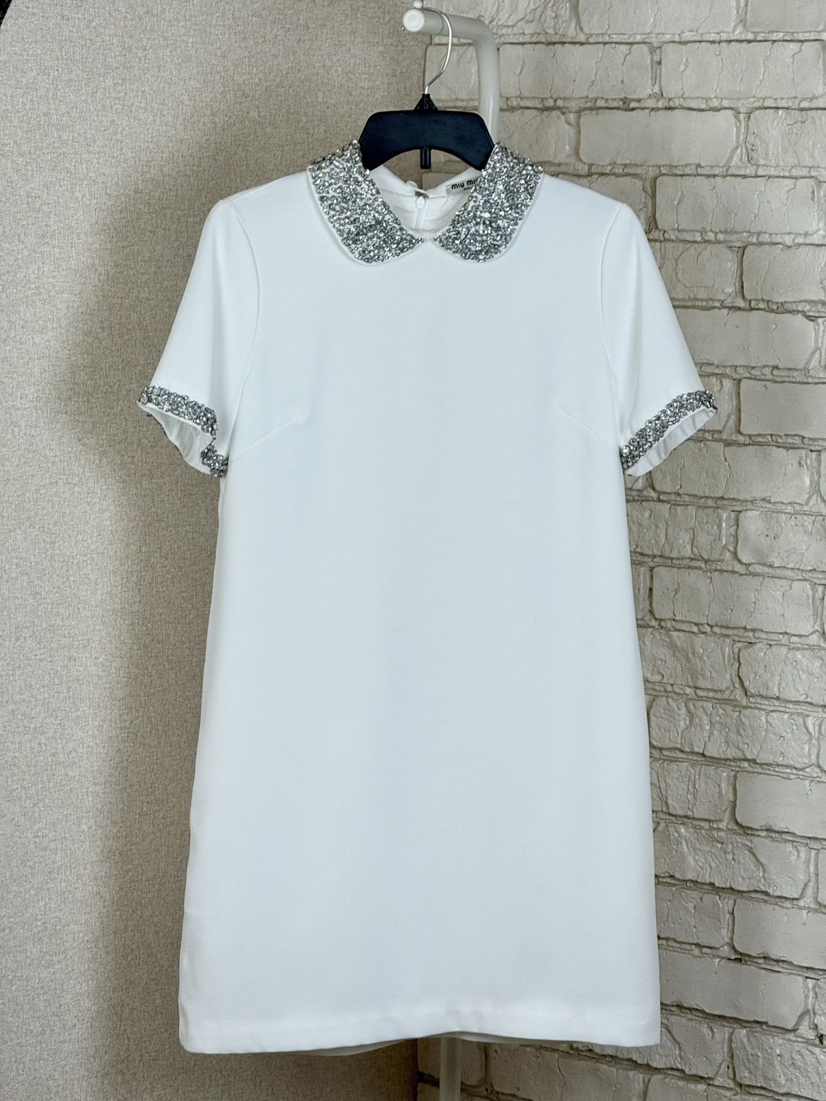 Miu Miu White Mini Dress Crystal Embellished Collar Cuffs