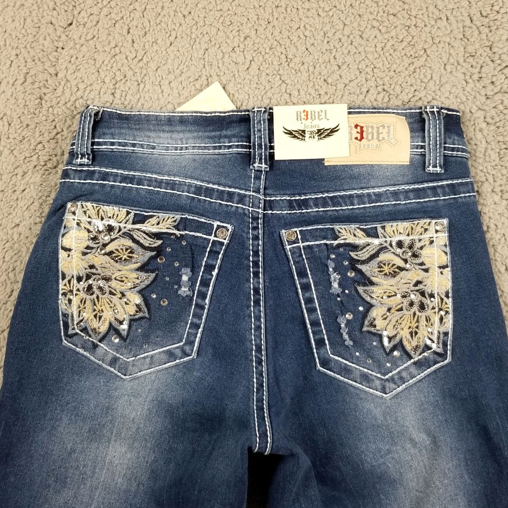 Denime R3bel Jeans Bootcut Denim Distressed 27x30 NWT Women Adults 9/27 Blue Embl Ellished Stones Size US 27 - 3 Thumbnail