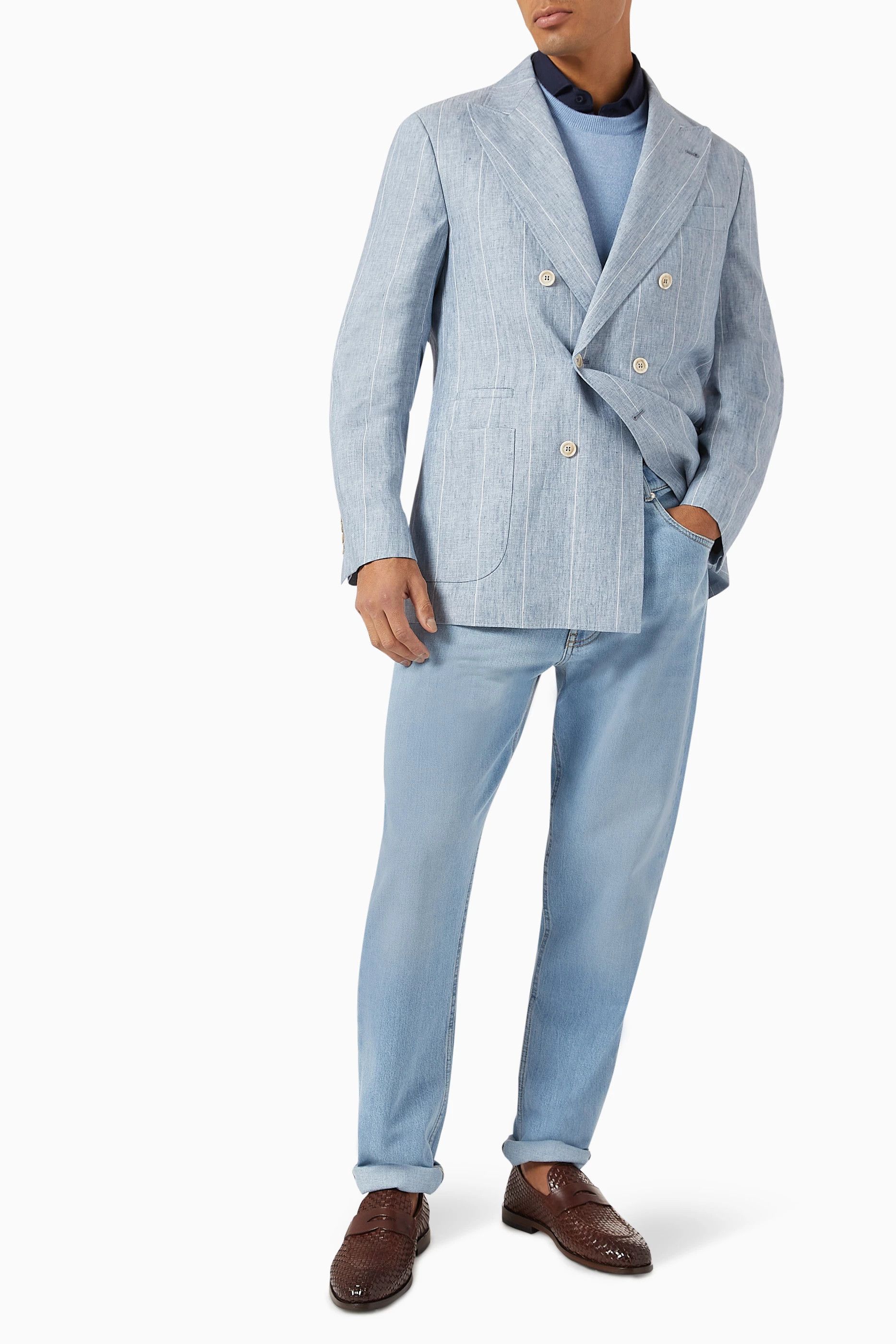 Brunello Cucinelli o1y0526 Double-breasted Blazer in Sky Blue/White Size US L / EU 52-54 / 3 - 5 Thumbnail