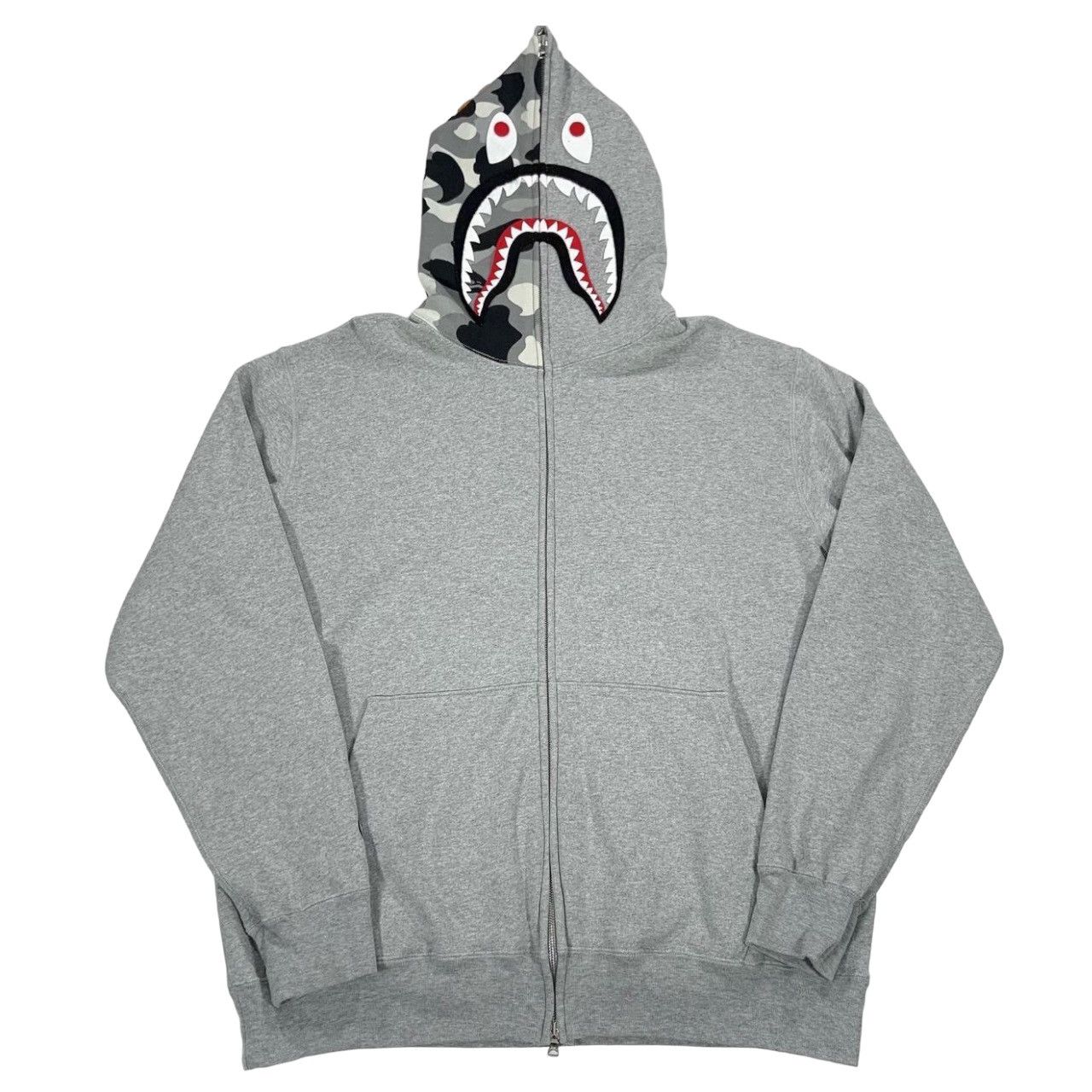 image of VTG A Bathing Ape Bape Gray Black Split Camo Shark Hoodie in Grey, Men's (Size XL)