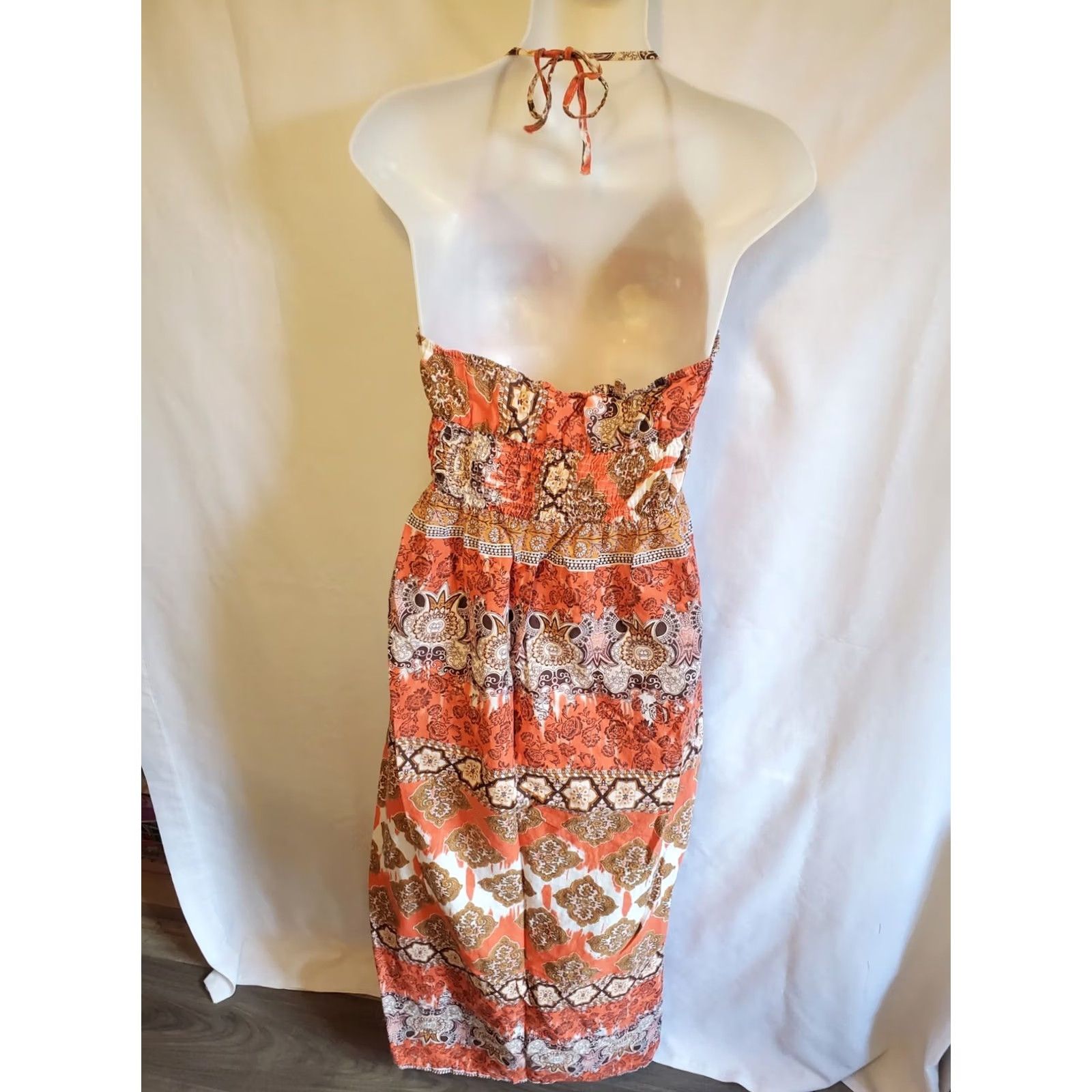Vintage VINTAGE She's Cool Batik Print Maxi Halter Dress L Orange Brown Boho Hippie Summer Womens Size L / US 10 / IT 46 - 4 Thumbnail