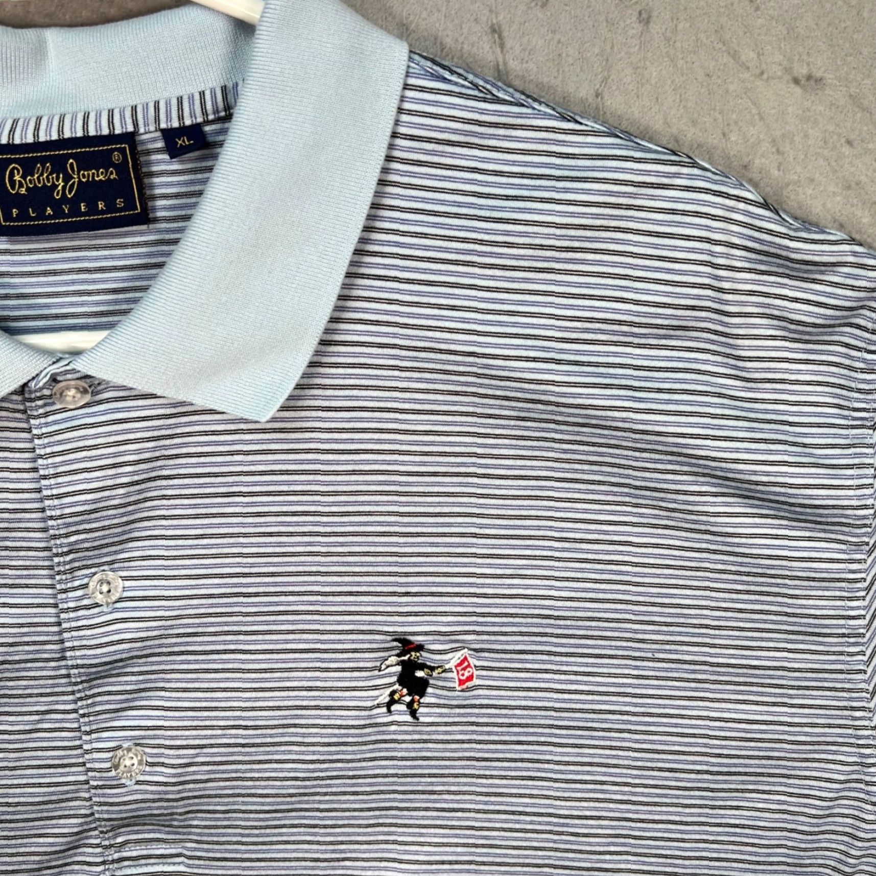 Vintage Bobby Jones Polo Shirt Mens XL Striped Blue with Witch On Broomstick Logo Embroidered Golf Casual Button Collar Short Sleeve Size US XL / EU 56 / 4 - 5 Thumbnail