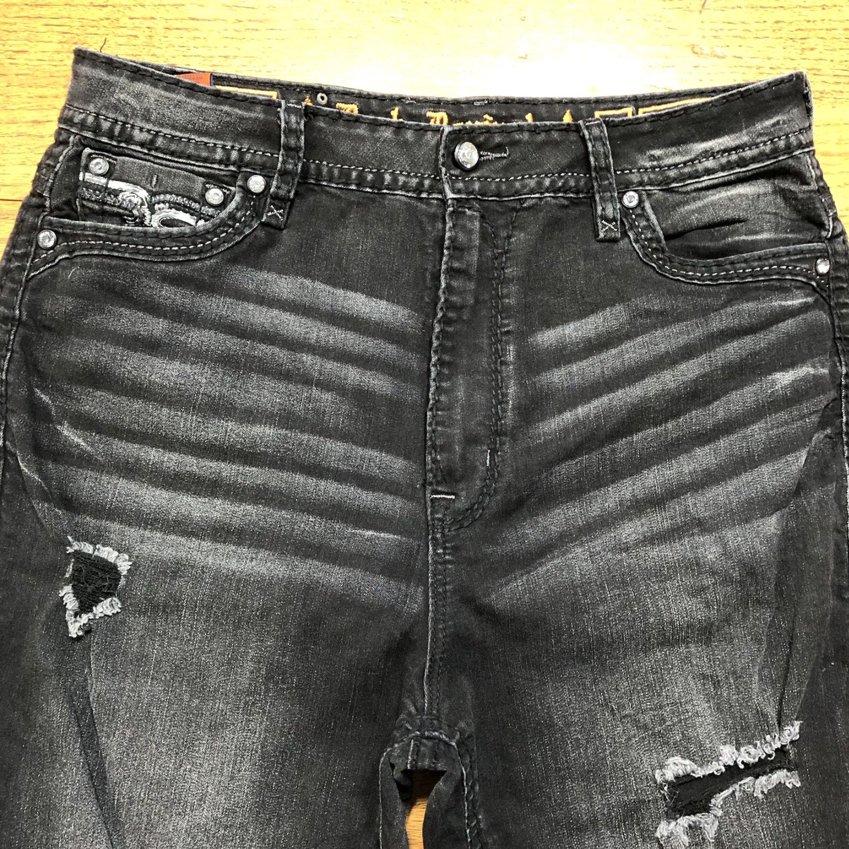Vintage VINTAGE Rock Revival Jeans Black Womens 34 Slim Ankle 5-Pocket Denim Distressed Embroidered Rhinestone Sequin Studded Rock Biker Metal Size 24" / US 00 / IT 34 - 5 Thumbnail