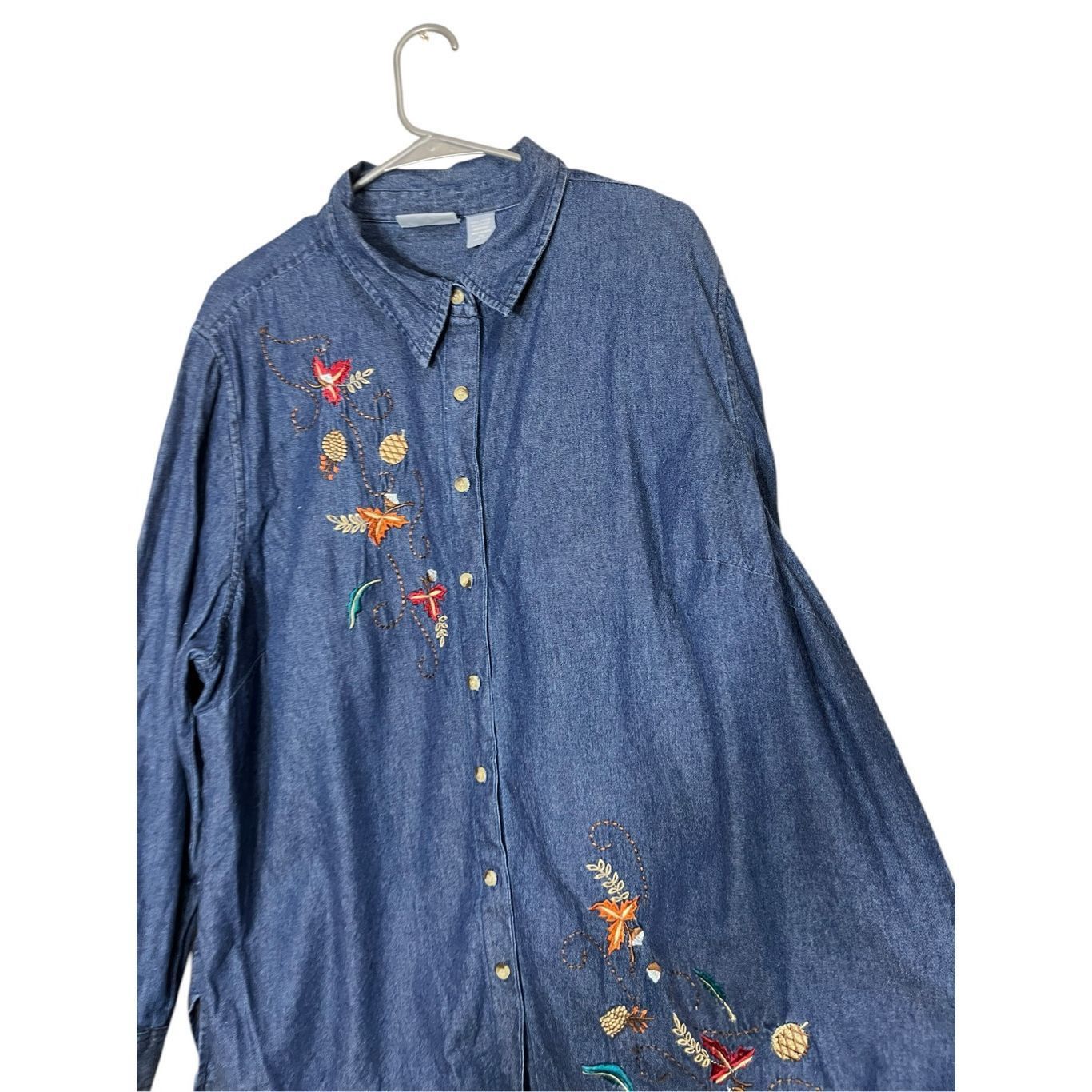 Other Vintage Liz & Me Fall Autumn Embroidered Leaves Denim Button Down Shirt Size 2X Size 3XL / US 20-22 - 4 Thumbnail