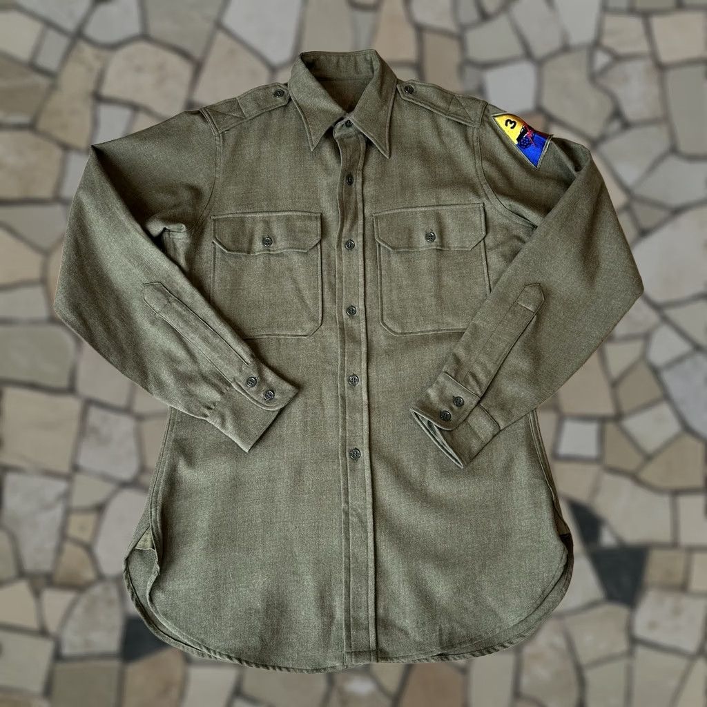 Olive VINTAGE US Army Shirt Olive Drab Wool Flannel Men’s M Regular 1940s 1950s Button-Front Military Look Mens Size US M / EU 48-50 / 2 - 1 Thumbnail