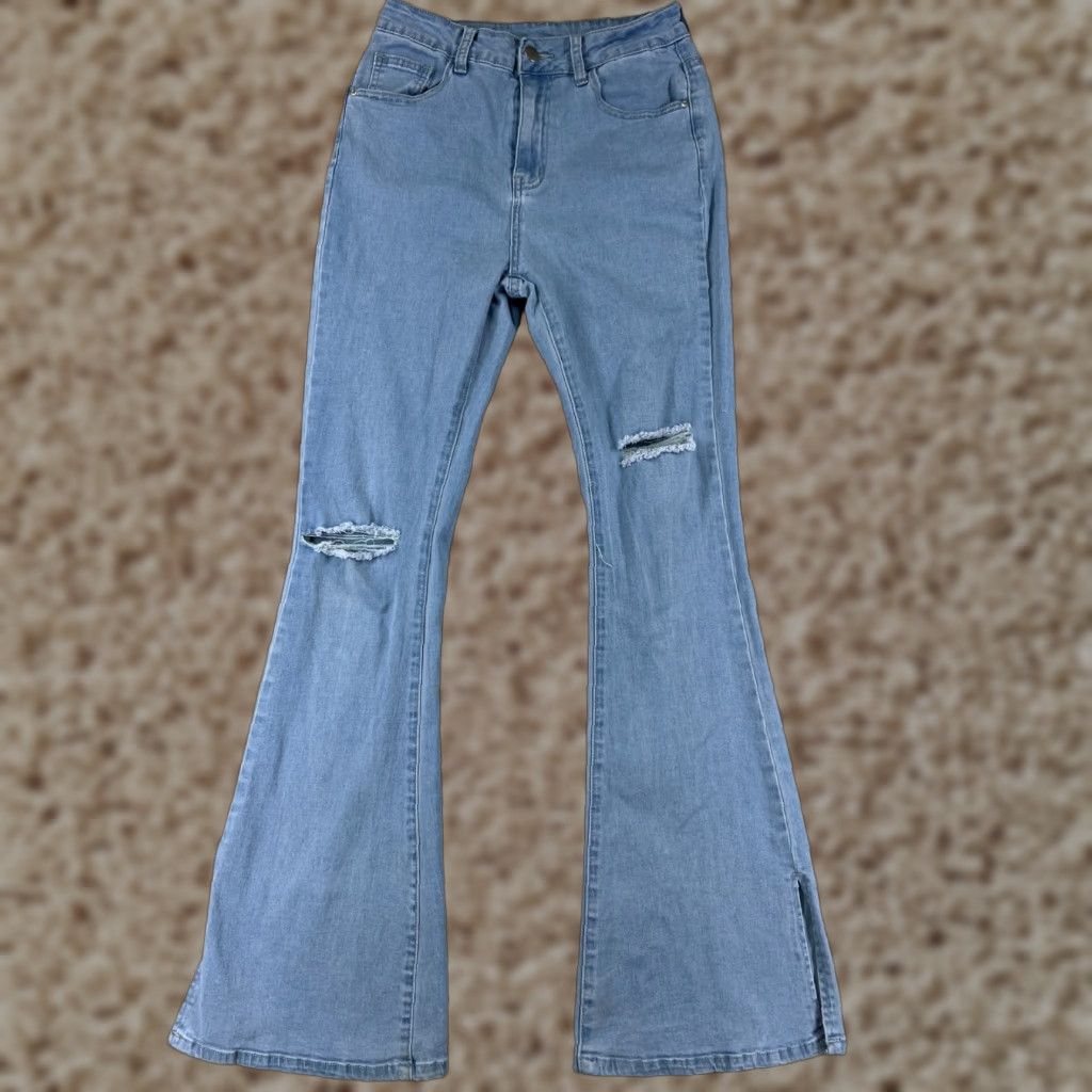 Shein SheIn Jeans Womens Small Blue Denim Flared Stretch Cotton Blend 5-Pocket Design Zipper Button Pocketed Mid Rise Regular Distressed Not Vintage Size 28" / US 6 / IT 42 - 1 Thumbnail