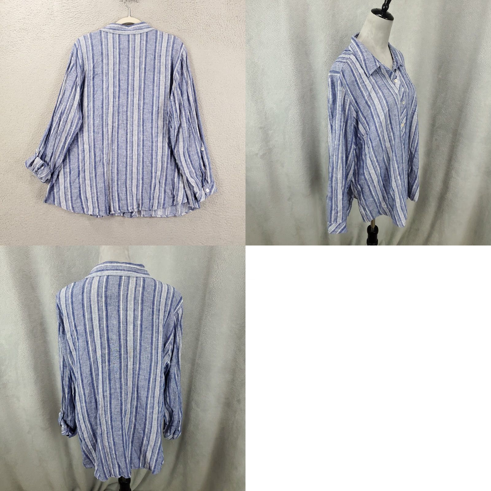 Vintage Susan Graver Linen Button Up Womens Petite XL Blue Striped Roll Tab Sleeve Size XL / US 12-14 / IT 48-50 - 8 Thumbnail