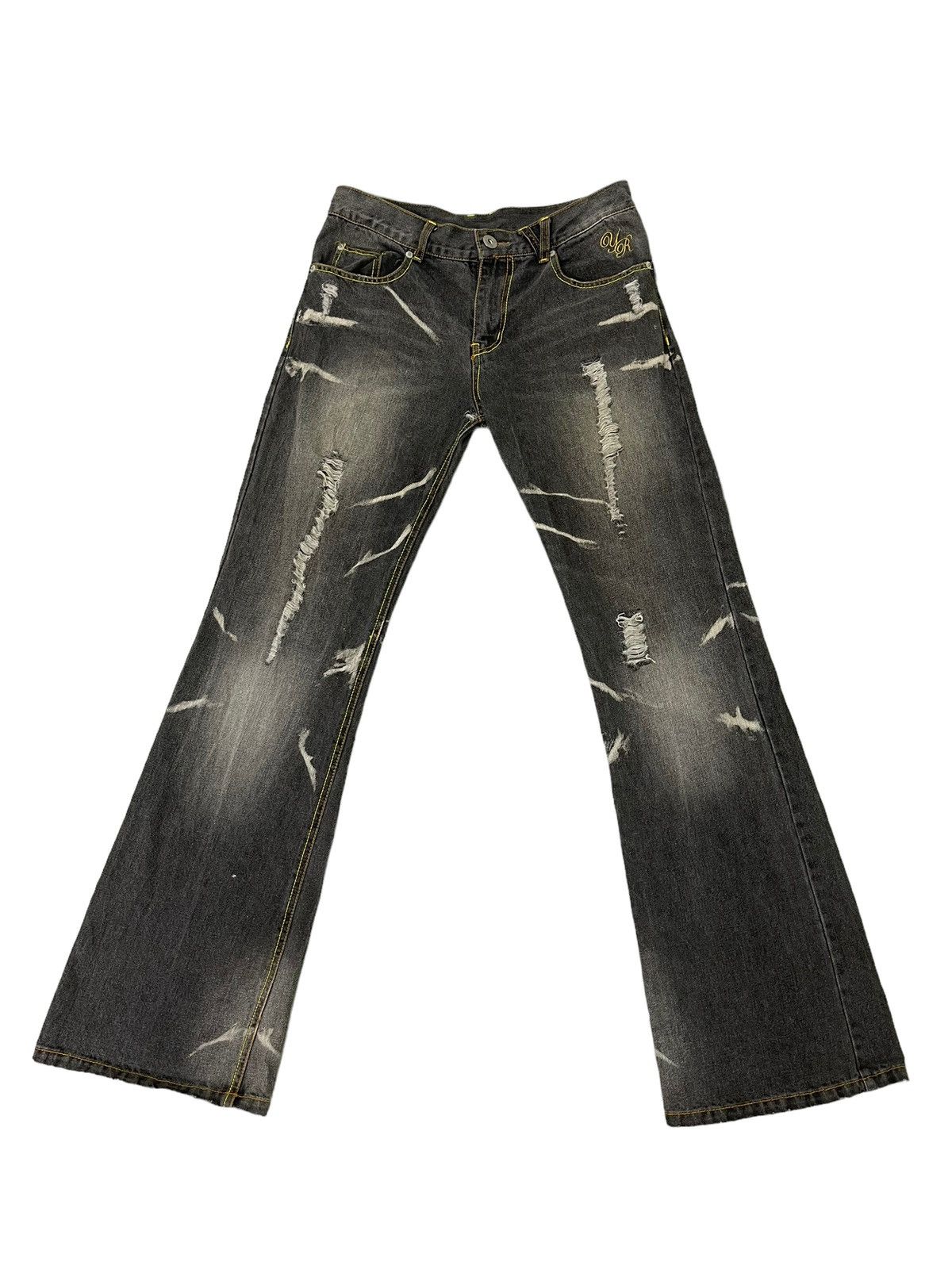 Japanese Brand Flare Jeans Yellow Ranking Distress Faded Boot Cut 7🟦4 Size US 31 - 2 Thumbnail