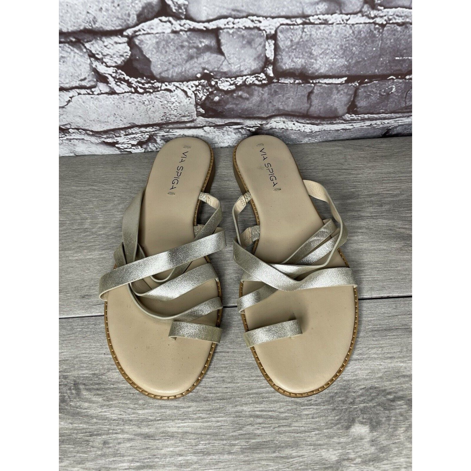 Other Via Spiga Metallic Silver Leather Toe Post Slides Sandals Wo Size US 10 / IT 40 - 23 Thumbnail
