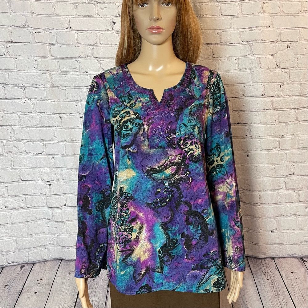 Chicos New Chico's Purple Blue Paisley Sequins Long Sleeve Tunic S Size S / US 4 / IT 40 - 1 Thumbnail