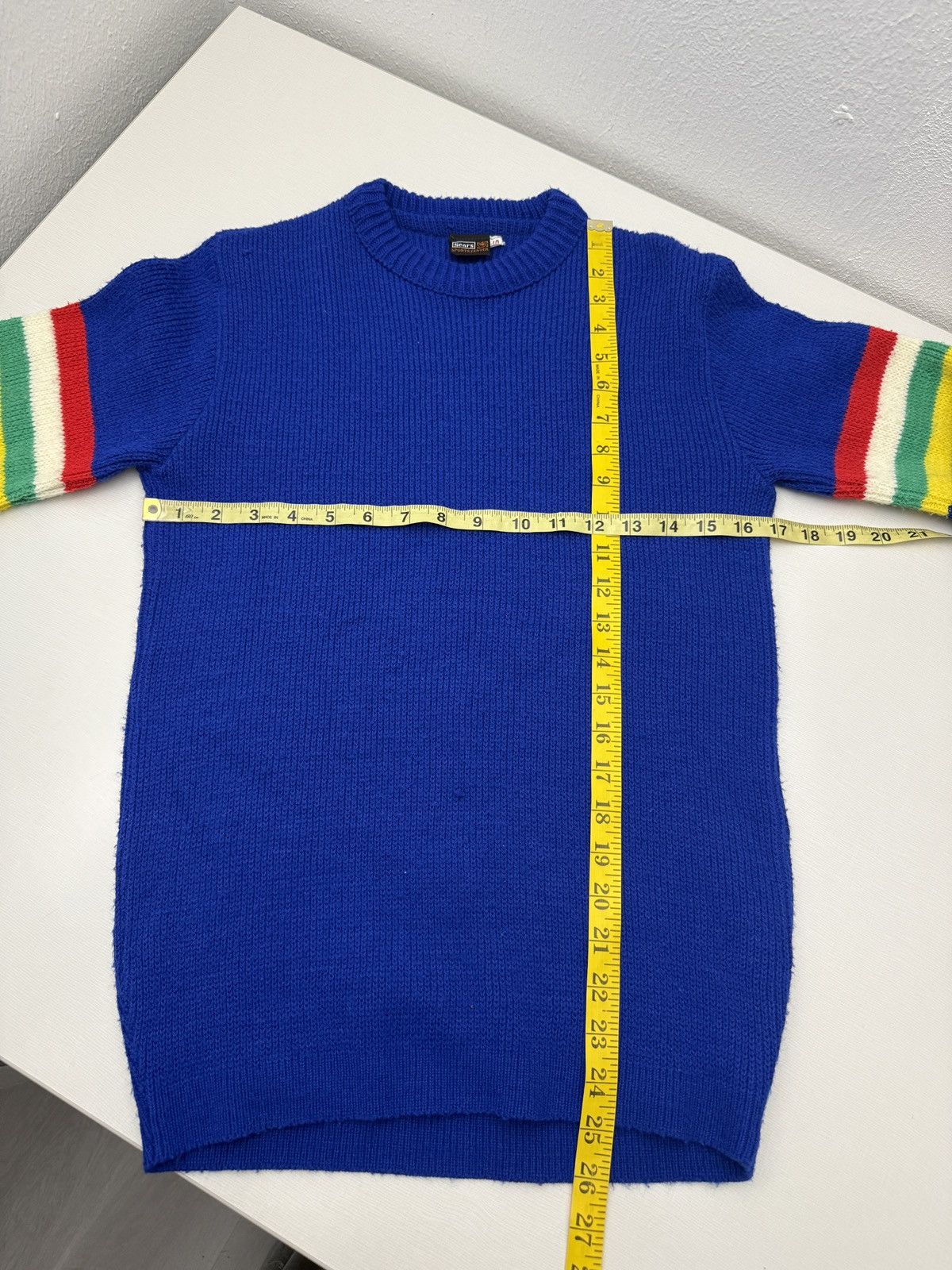 Sears Vintage 1970s Sears Blue Knit Rainbow Striped Sleeve Sweater Size US S / EU 44-46 / 1 - 5 Thumbnail