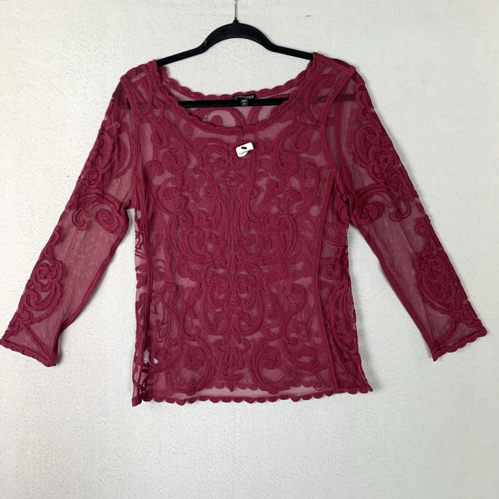 Express Express Blouse Women Small Maroon Floral Lace Sheer Goth Romantic Boho Shirt Long Sleeve Round Neck Pullover Embroidered Scalloped Hem NWT Express Top Size S / US 4 / IT 40 - 2 Thumbnail