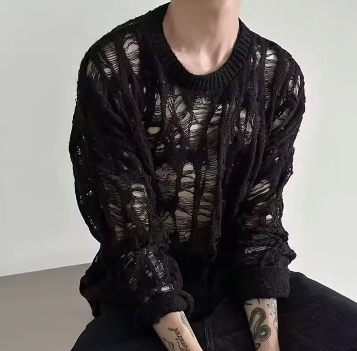 Other Retro Dark Style Vintage Ripped Hollow Out Mesh Knit Sweater Size US L / EU 52-54 / 3 - 3 Thumbnail