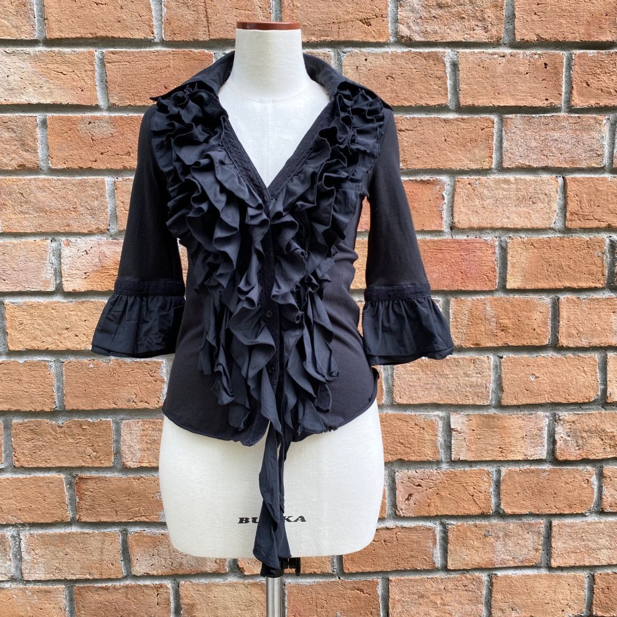 Designer × Japanese Brand Cook jeans Y2K Punk Black Ruffle Fitted Blouse Size M / US 6-8 / IT 42-44 - 22 Thumbnail
