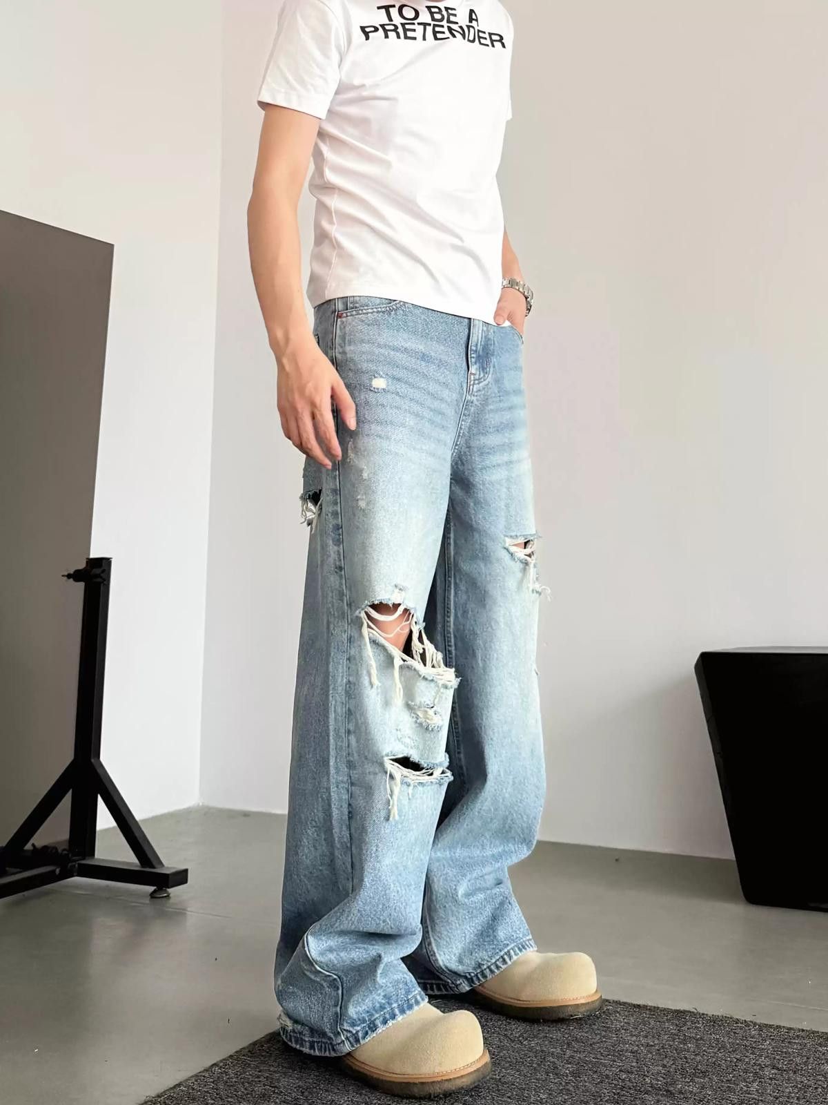 Jean Loose Distressed Ripped Wide Leg Jeans Size US 28 / EU 44 - 2 Thumbnail