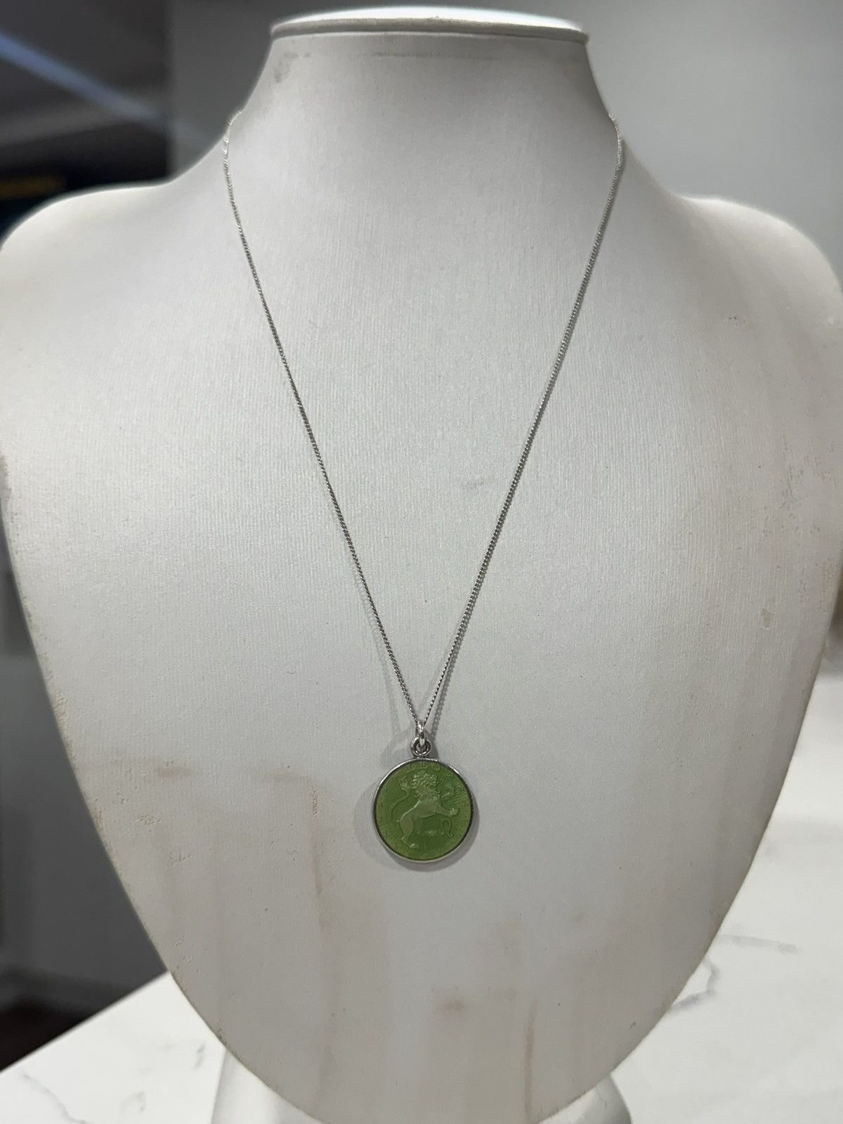 Sterling Silver Silver Leo Zodiac Necklace | Green Enamel Lion Medallion Size ONE SIZE - 4 Thumbnail