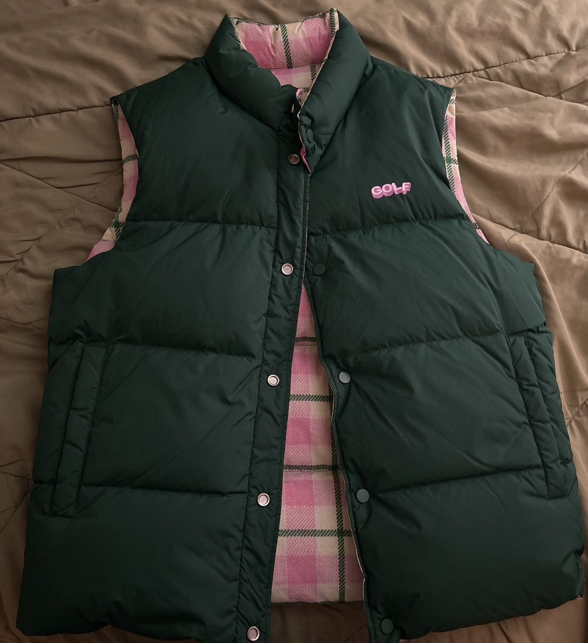 Golf Wang Pink/Green Golf Reversible Puffer Vest | Grailed