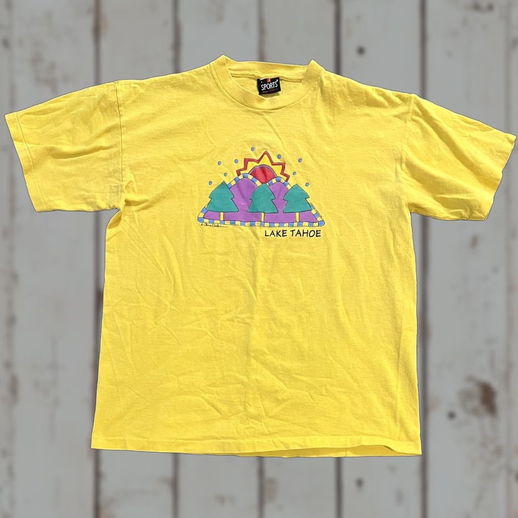 Vintage VINTAGE Chris Antoine Lake Tahoe Travel Art T Shirt Large Yellow Mens Cotton Signal Sports 1980s Art Size US L / EU 52-54 / 3 - 1 Thumbnail