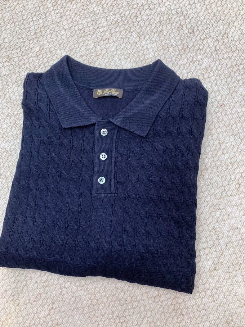 Loro Piana LORO PIANA Dark blue cotton knitted T-shirt with lace Size US L / EU 52-54 / 3 - 1 Thumbnail