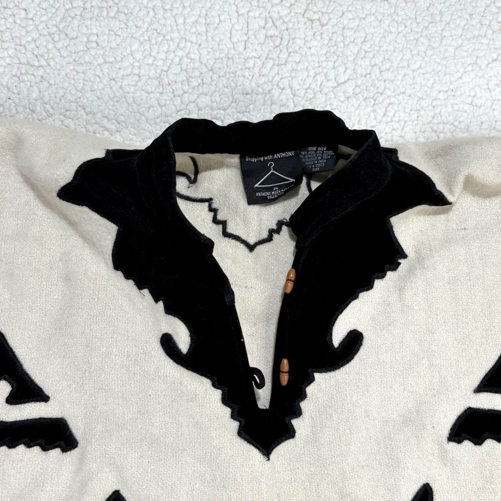 Vintage VINTAGE Anthony Mark Hankins Poncho Cape Cream Black Wool Blend One Size Western Aztec Size ONE SIZE - 2 Thumbnail