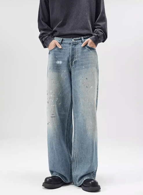 Japanese Brand × Jean Ink splash trend loose straight ice blue jeans for men Size US 32 / EU 48 - 1 Thumbnail