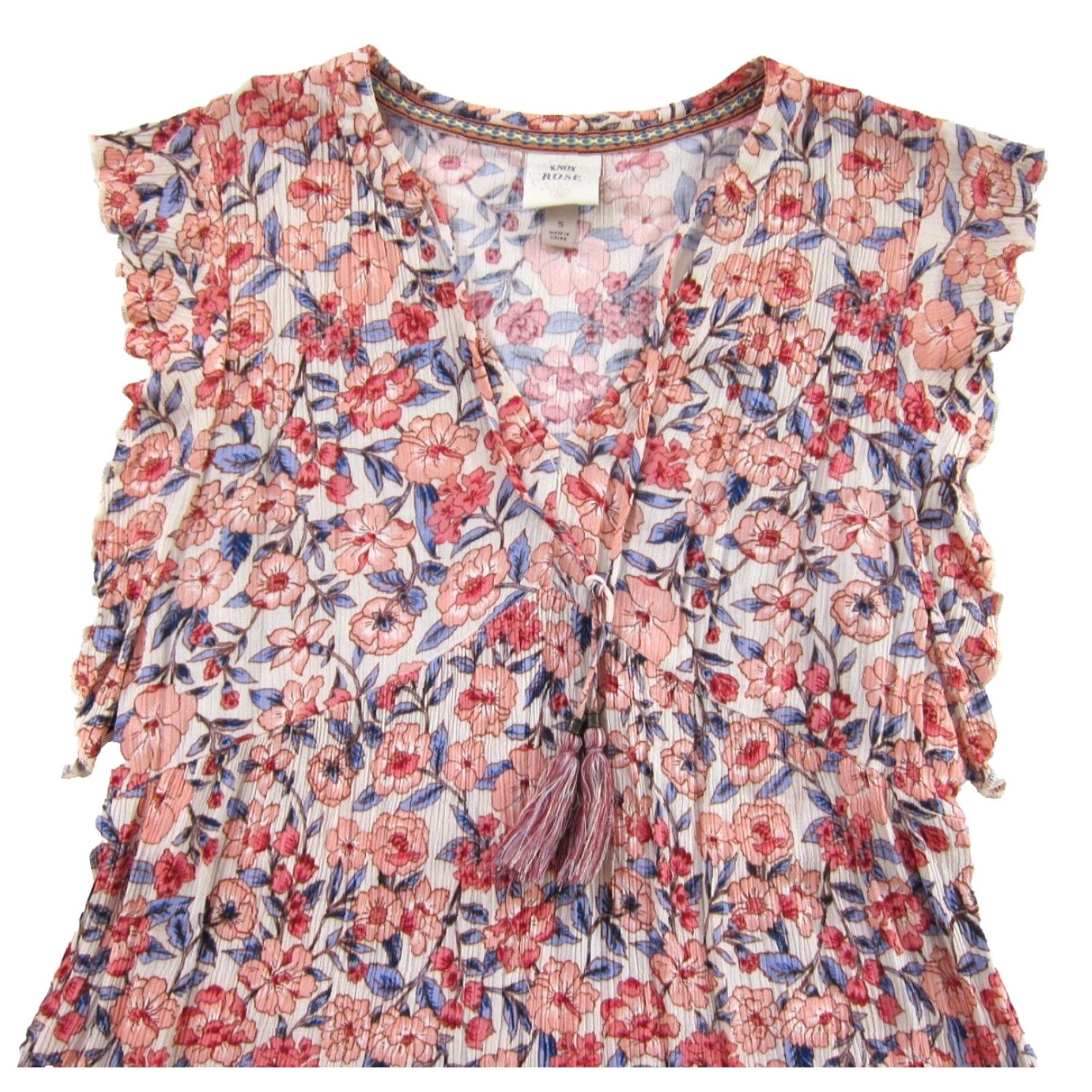 Vintage Knox Rose Pink Blue White Floral Cap Ruffle Sleeve V-Neck Smock Dress Small Size S / US 4 / IT 40 - 4 Thumbnail