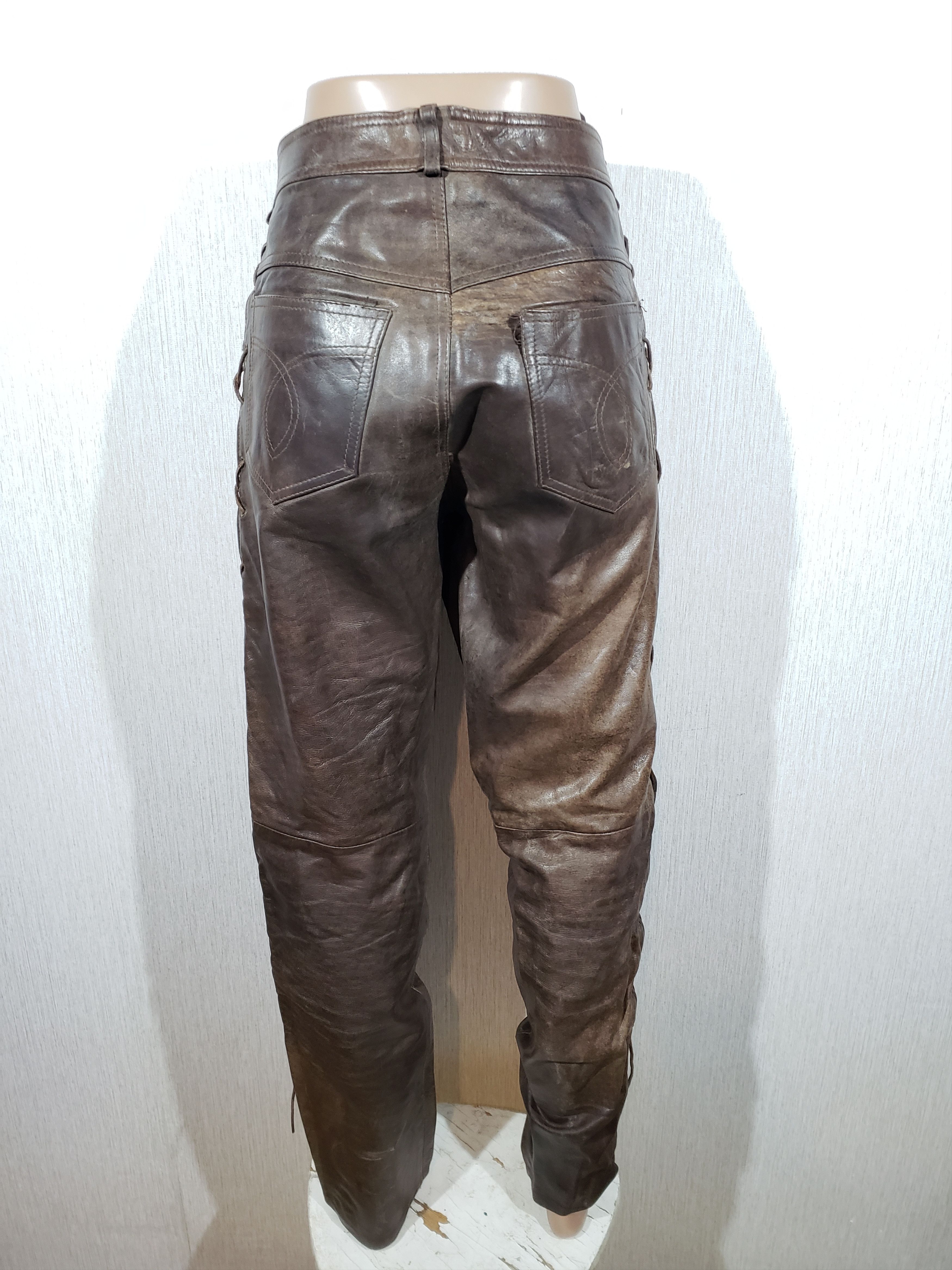 Genuine Leather Brown leather pants with decorative lacing. Size US 33 - 4 Thumbnail