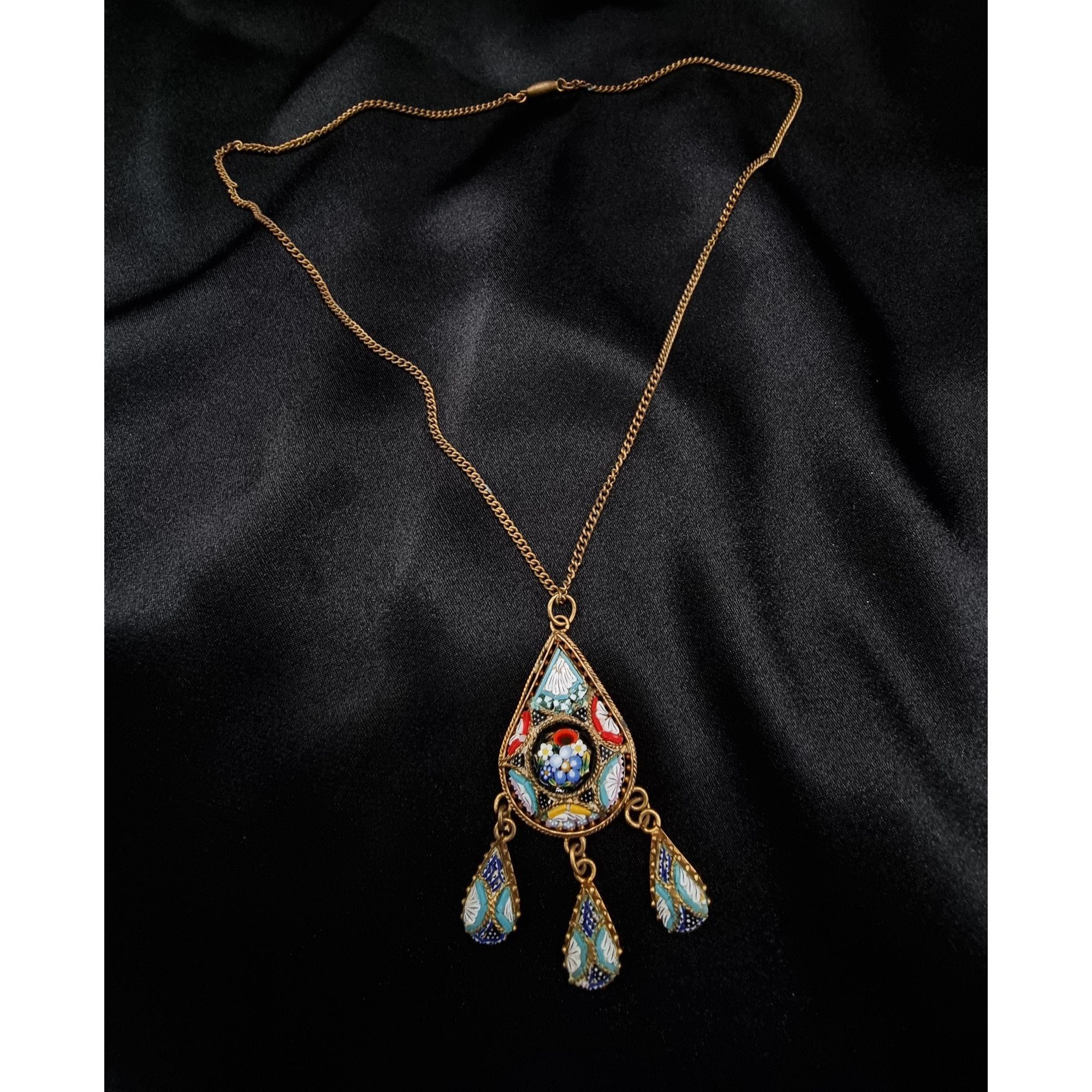 Vintage Vintage 1920s-1940s Gold-Tone Millefiori Mosaic Pendant Neck Size ONE SIZE - 2 Thumbnail