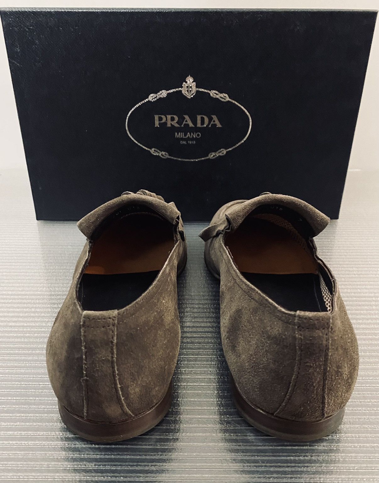 Prada Prada 🇮🇹 Grafite Suede Tasseled Kilt Slip On Loafer 8 NEW Size US 8 / EU 41 - 6 Thumbnail