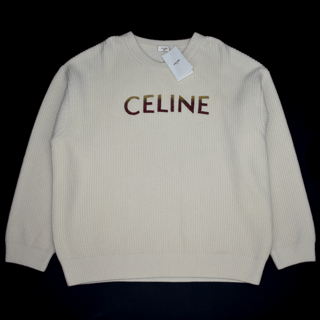 image of Celine Cream Wool Sequin Logo Crewneck Sweater, Men's (Size 2XL)