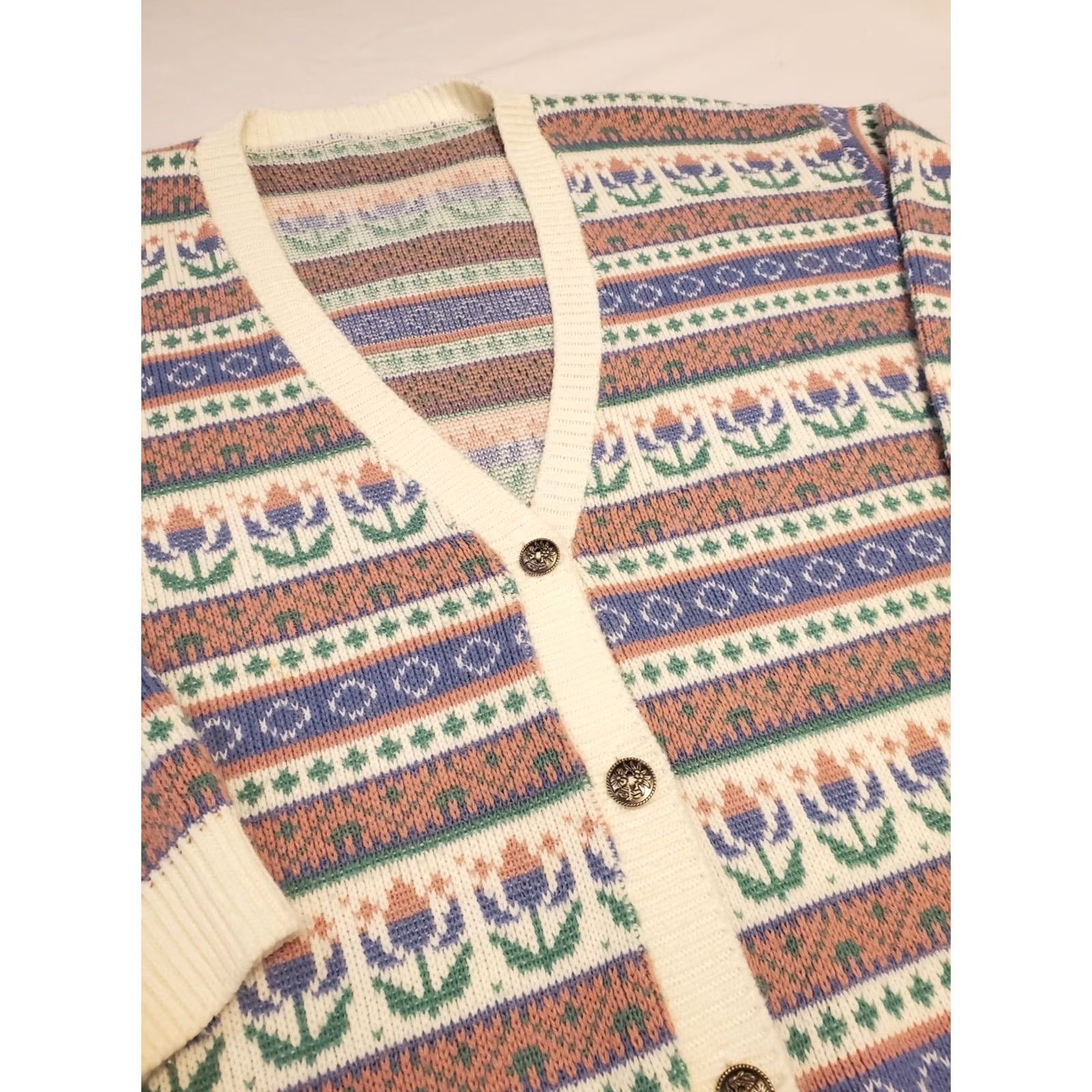 Vintage Vtg Grandma Knit Cardigan Womens Large Pastel Tulip Cottagecore Easter Size L / US 10 / IT 46 - 6 Thumbnail