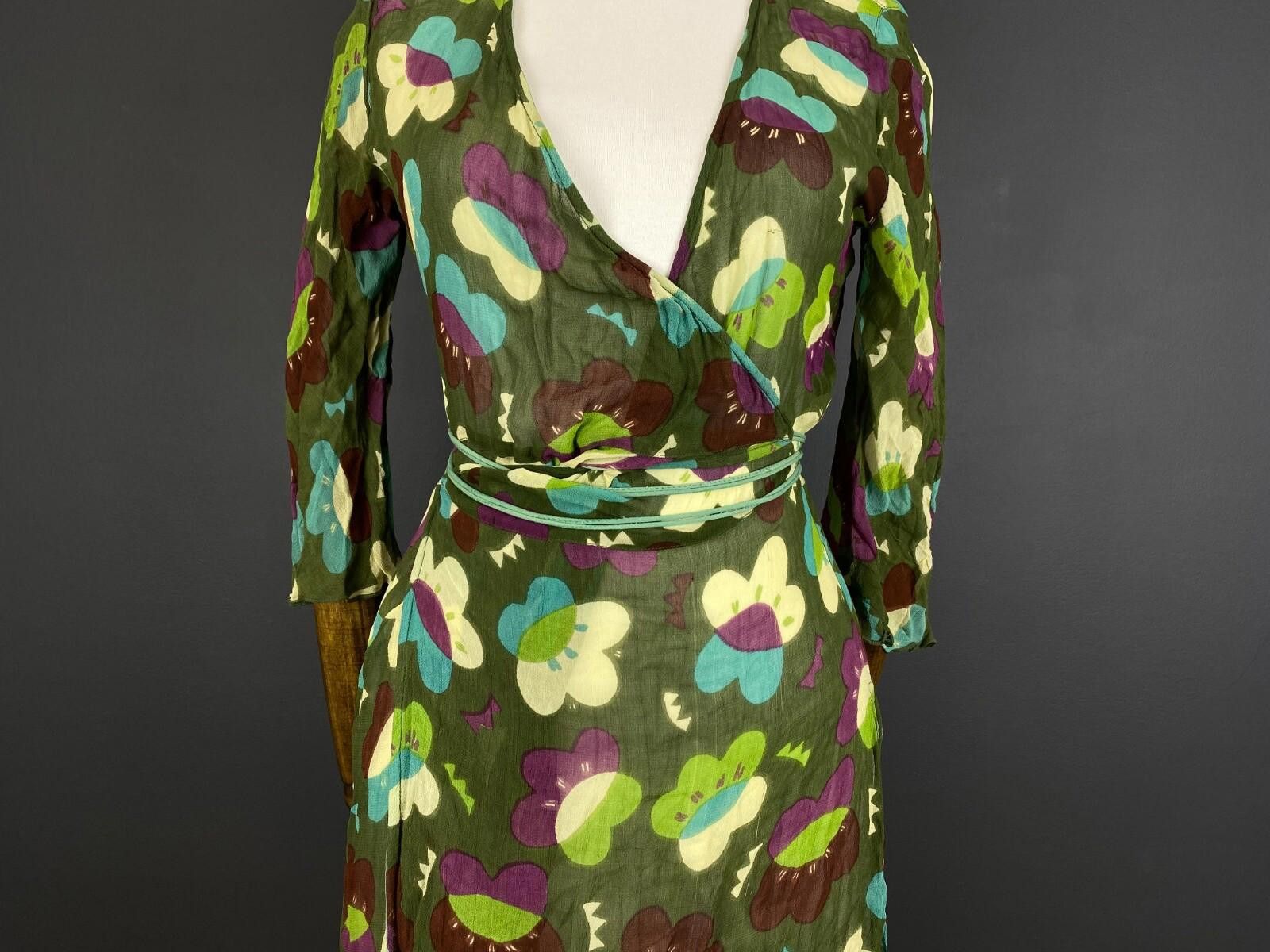 Designer Gudrun Sjoden Green Floral Wrap Belted 3/4 Dress Size M Size M / US 6-8 / IT 42-44 - 3 Thumbnail