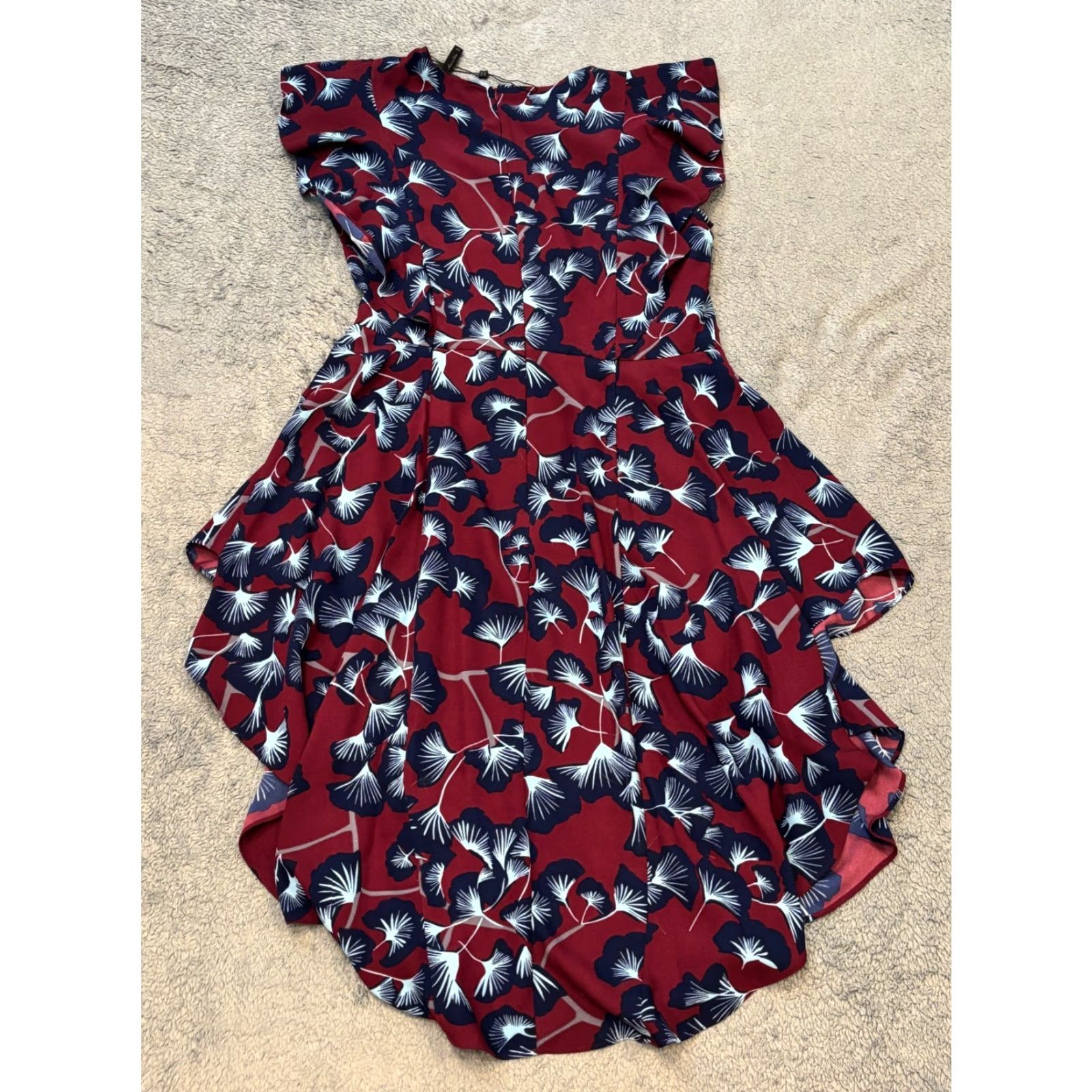 Bcbgmaxazria BCBGMAXAZRIA Dress Slim A-Line NWOT Burgundy Christiania Ginkgo Leaf Ruffle Overlay Midi Sleeveless Flutter Sleeve Round Neck Zip Size 8 Women’s Size M / US 6-8 / IT 42-44 - 5 Thumbnail