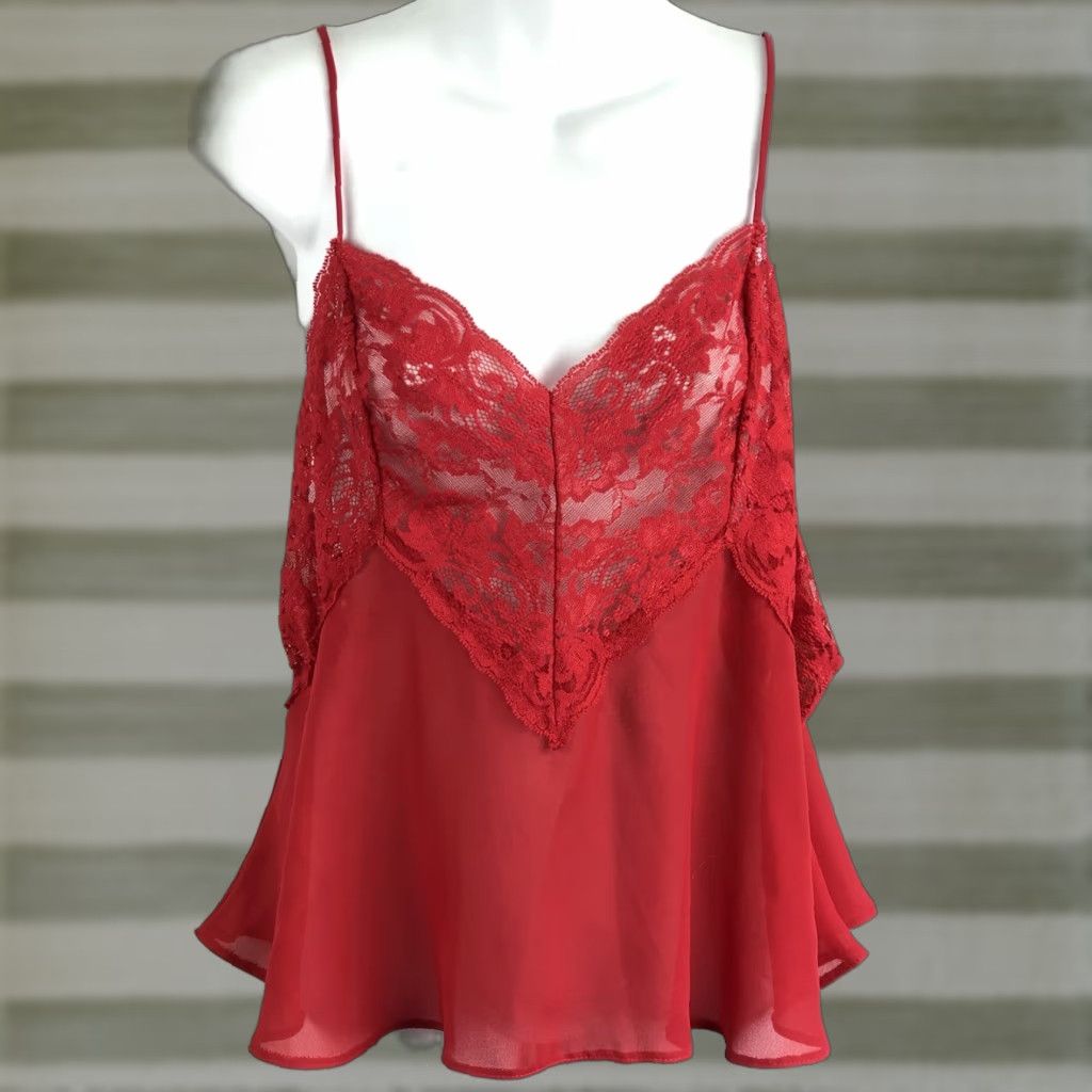 Vintage Vintage Delicates Red Lace Camisole Slip L 1970s V-Neck Sweetheart Eveningwear Womens Size ONE SIZE - 1 Thumbnail