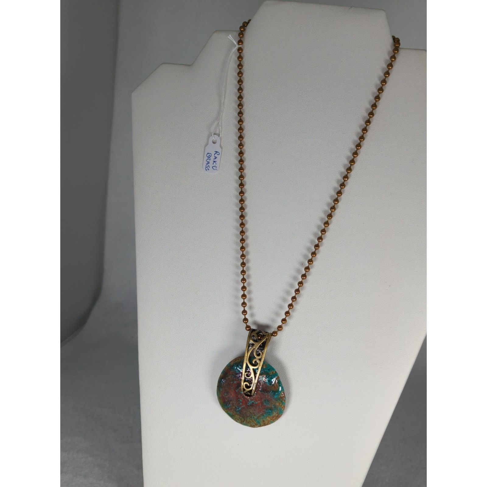 Designer Raku donut pendant+17 ball chain handmade artisan brass Size ONE SIZE - 5 Thumbnail