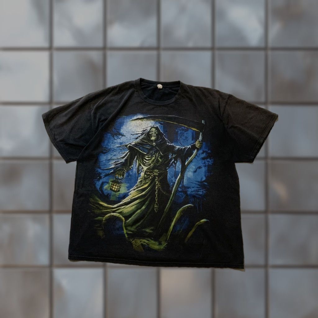 Vintage VINTAGE Alstyle T-Shirt 2XL Men Black Grim Reaper Death Skull Skeleton Grunge Goth Horror Lantern Scythe Graphic S/S Size US XXL / EU 58 / 5 - 1 Thumbnail